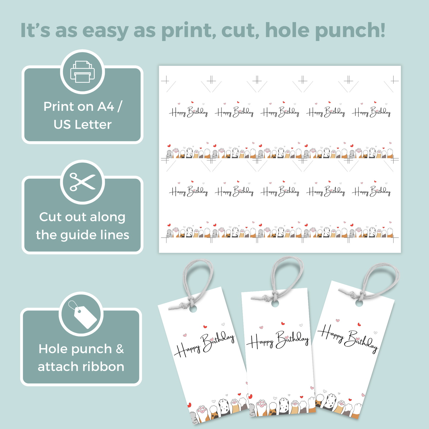 Printable Birthday Gift Tag - Cute Cat Paws