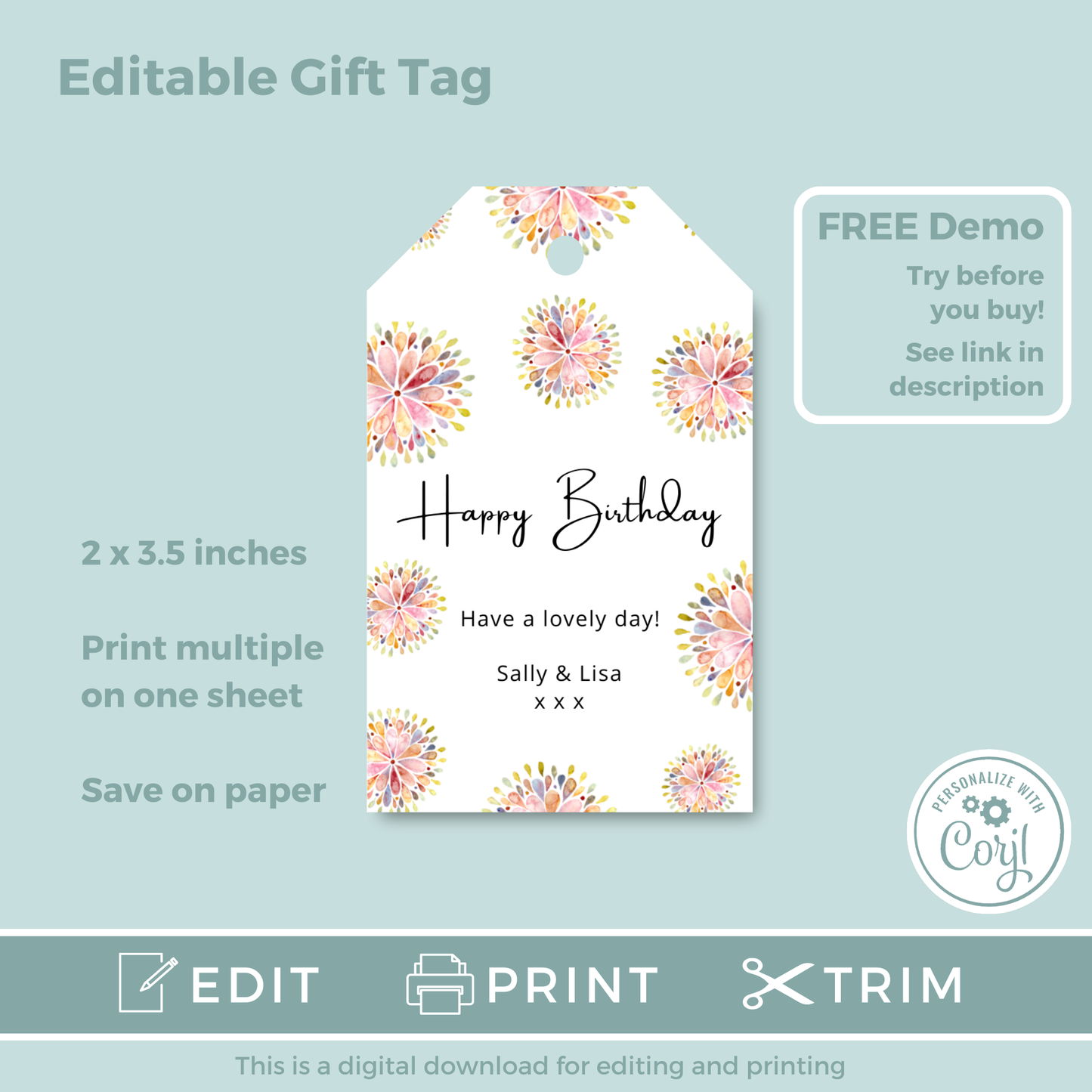 Editable Birthday Gift Tag - Pink Floral