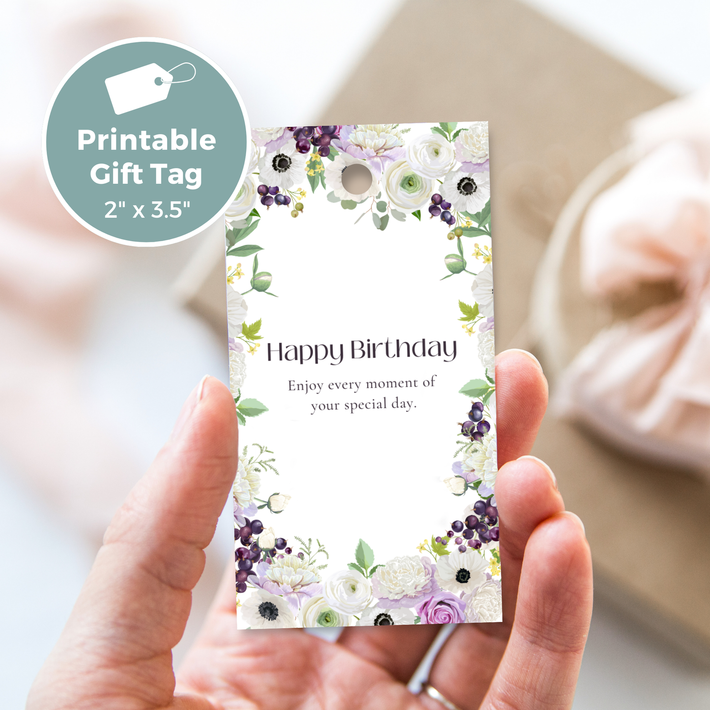 Printable Birthday Gift Tag - Purple Flowers