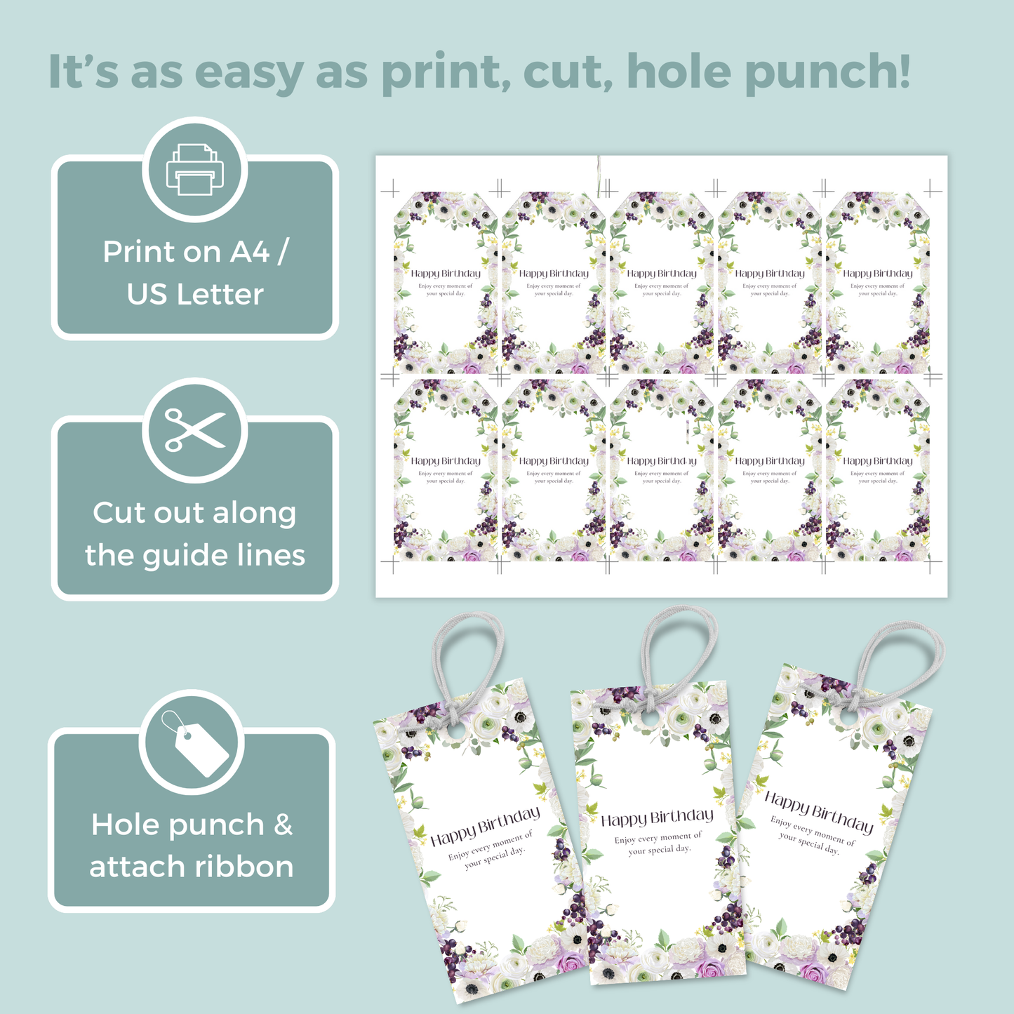 Printable Birthday Gift Tag - Purple Flowers