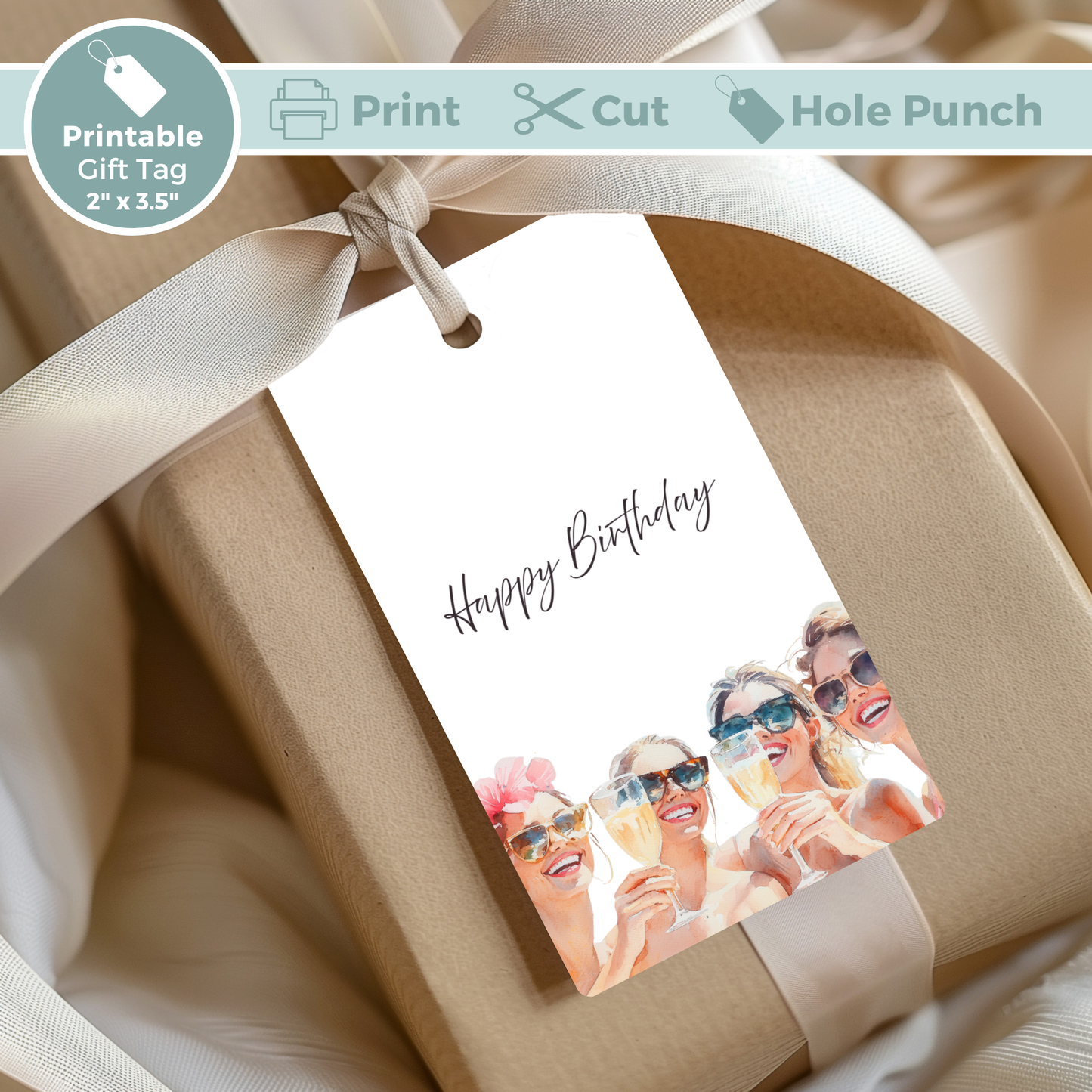 Printable Birthday Gift Tag - Ladies Drinking Champagne