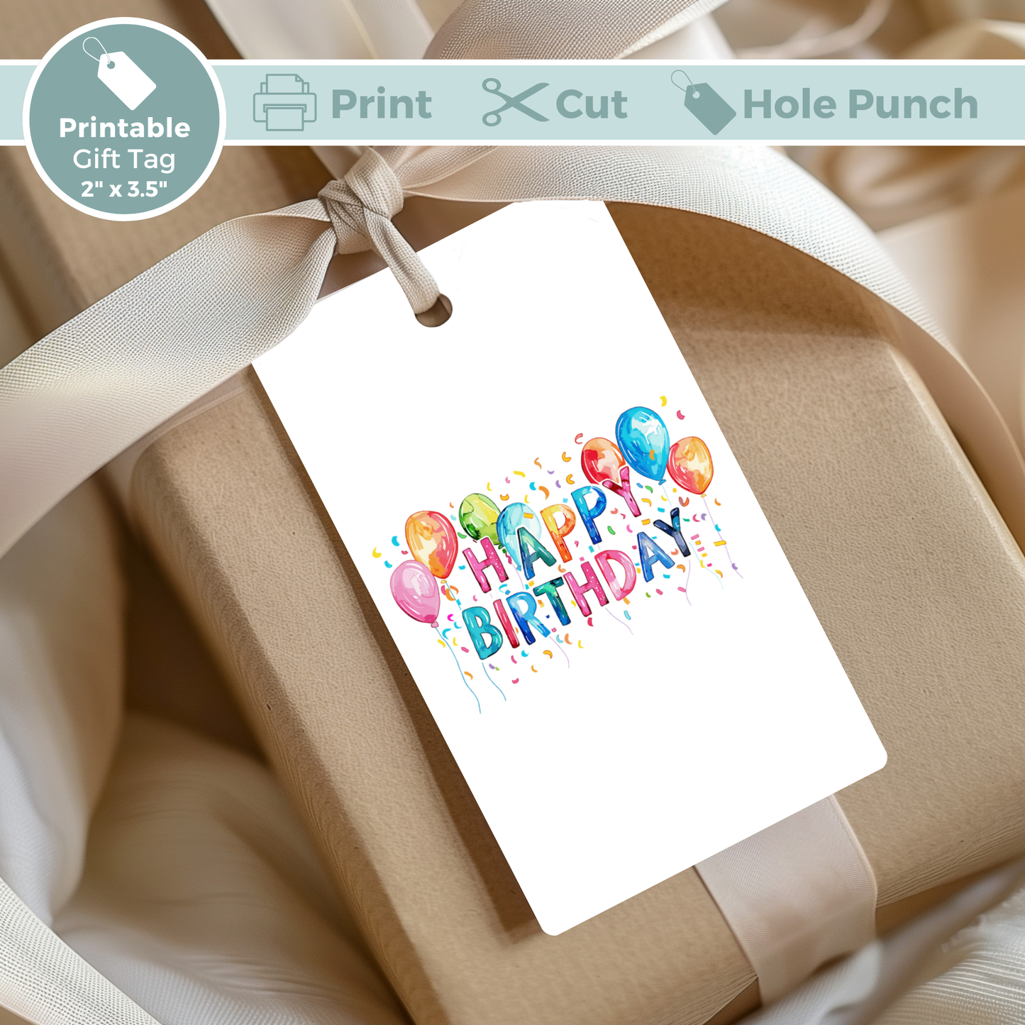 Printable Birthday Gift Tag - Vibrant Balloons