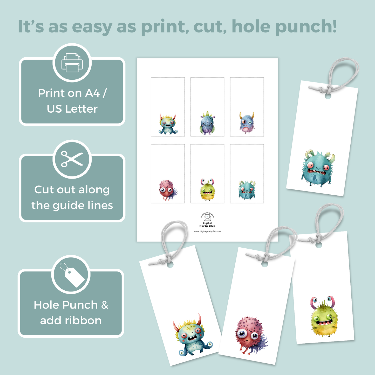 Printable Birthday Gift Tag Bundle - Monster