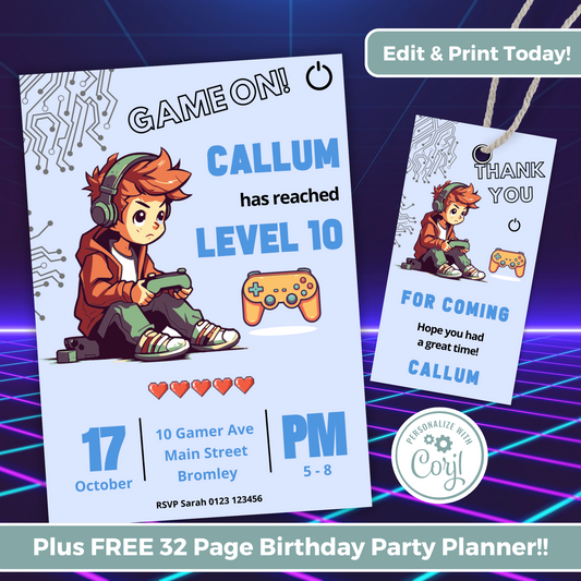 Editable Birthday Invitation and FREE Thank You Tag - Game On