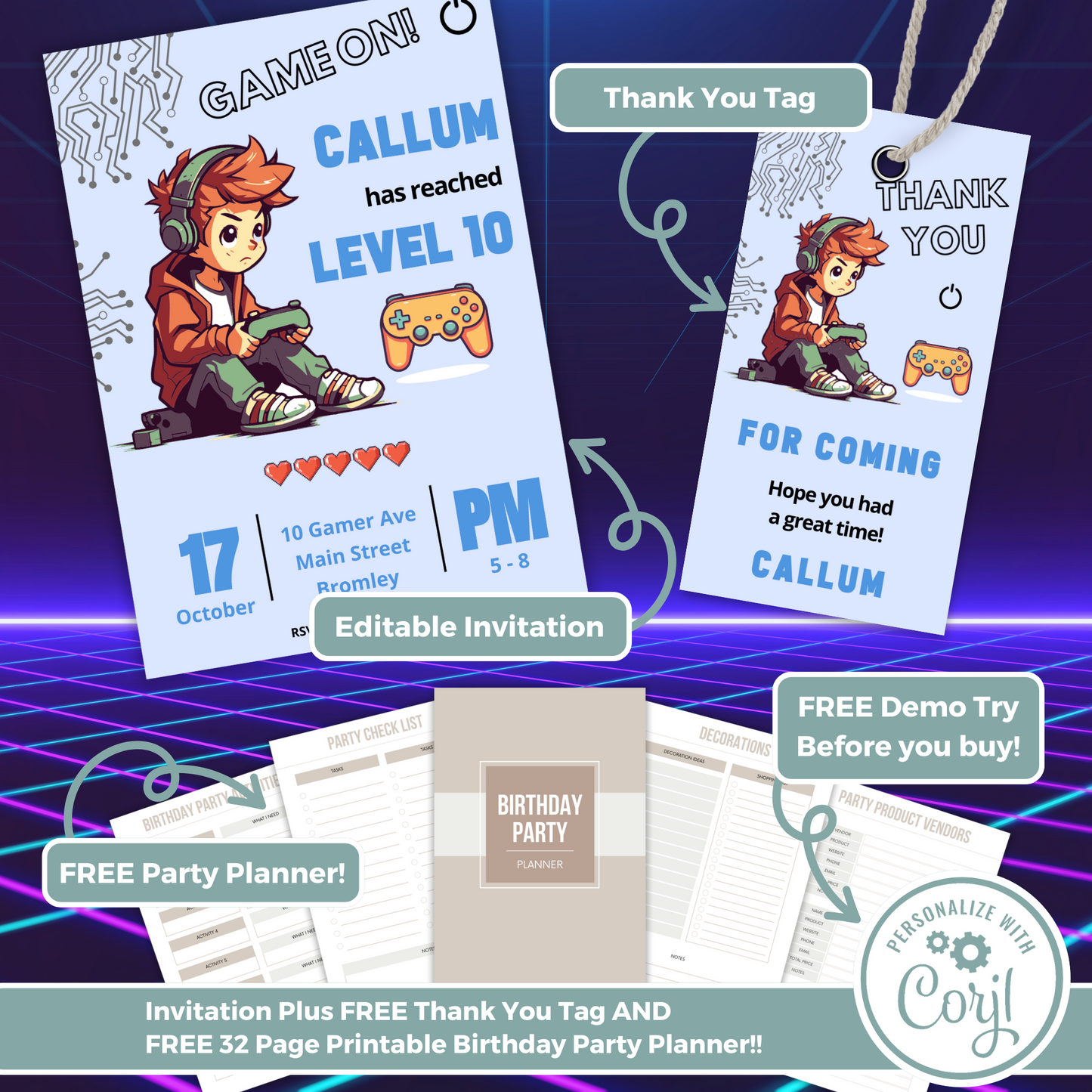 Editable Birthday Invitation and FREE Thank You Tag - Game On