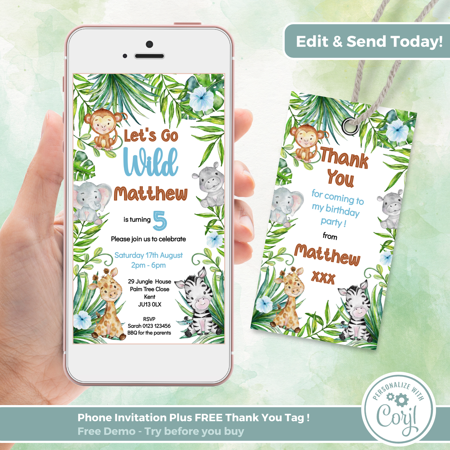 Editable Evite Birthday Invitation and FREE Thank You Tag - Let's Go Wild