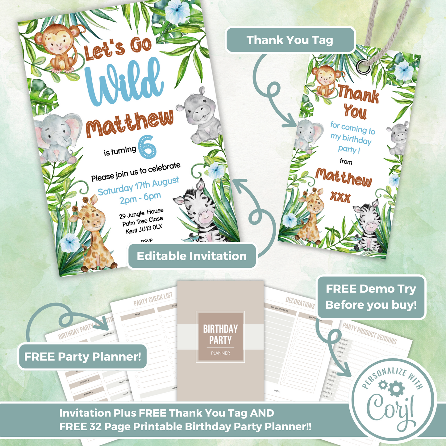 Editable Birthday Invitation and FREE Thank You Tag - Let's Go Wild