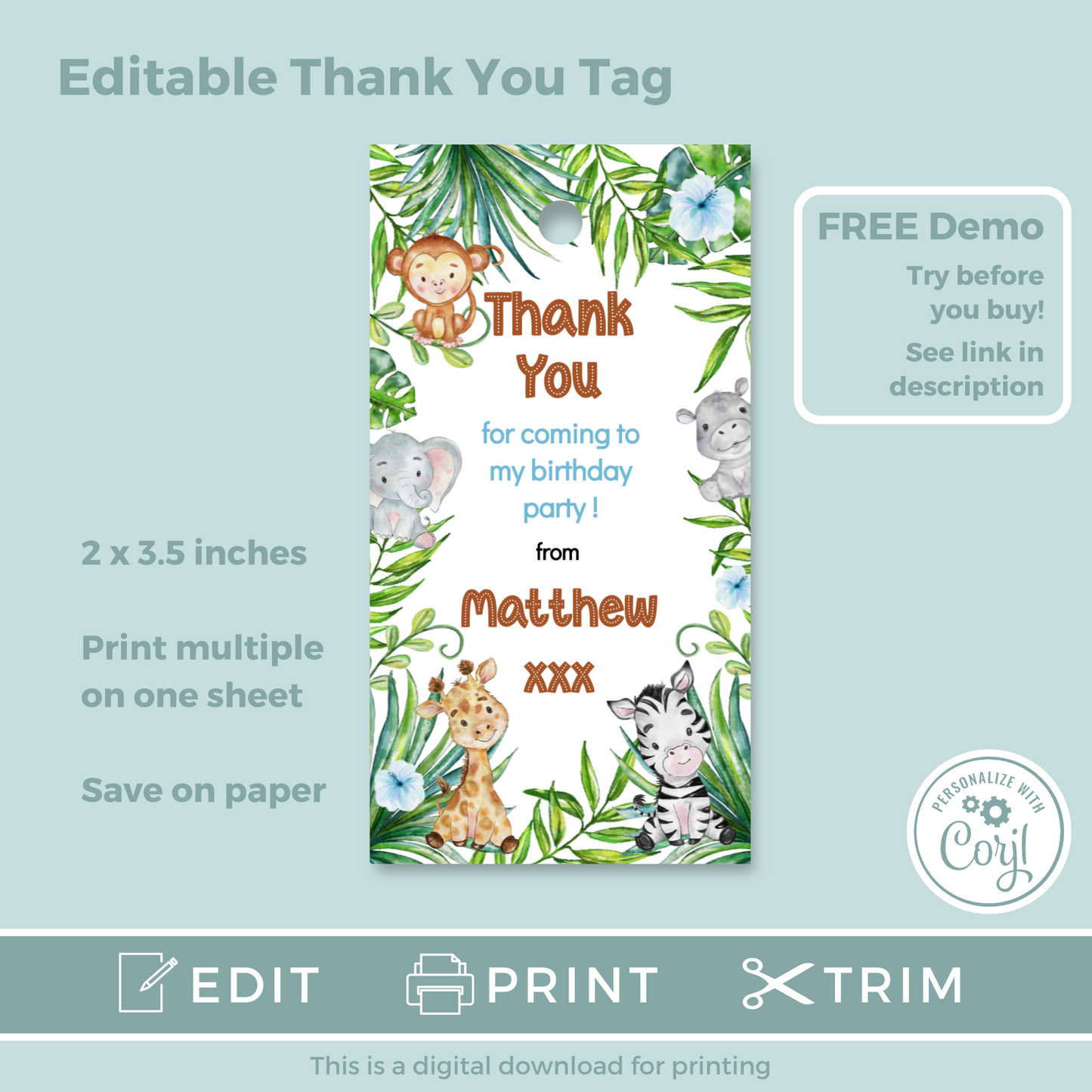 Editable Birthday Thank You Tag - Let's Go Wild