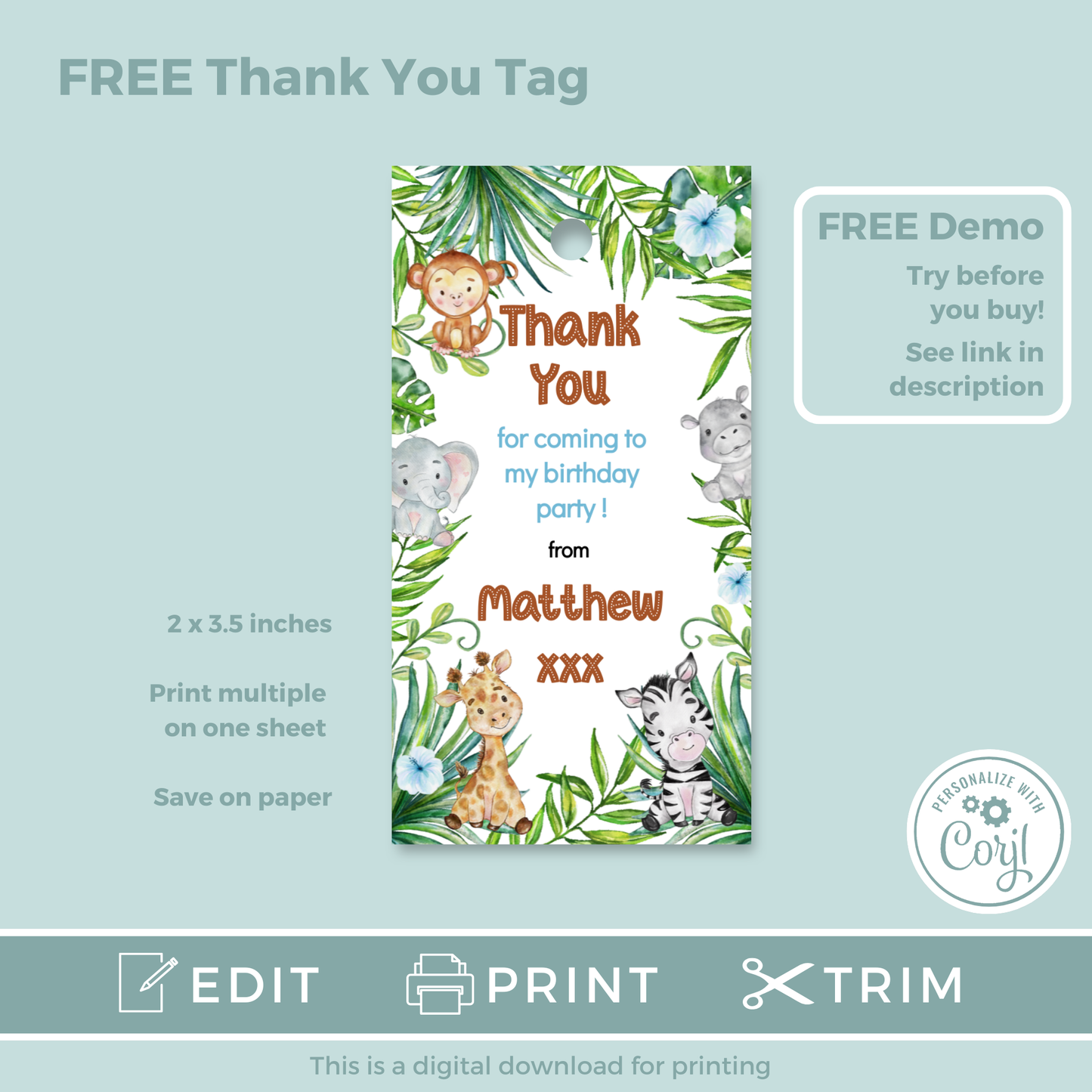 Editable Evite Birthday Invitation and FREE Thank You Tag - Let's Go Wild