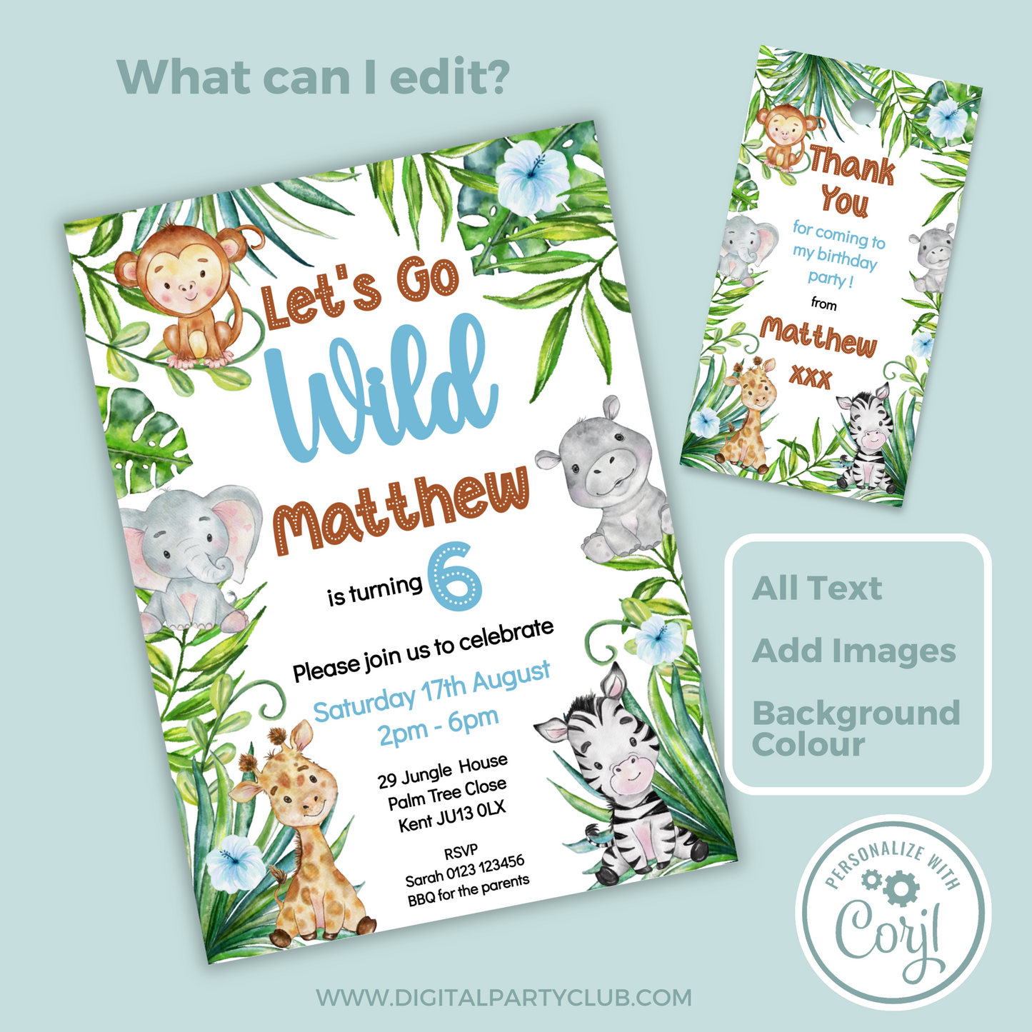 Editable Birthday Invitation and FREE Thank You Tag - Let's Go Wild