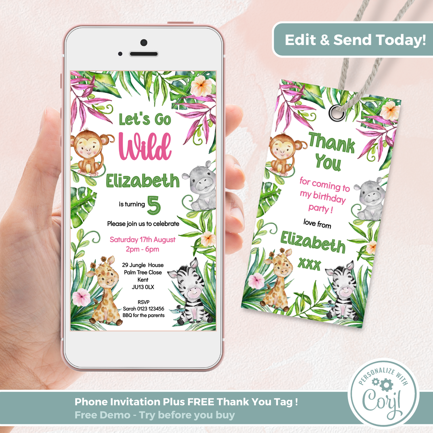 Editable Evite Birthday Invitation and FREE Thank You Tag - Let's Go Wild