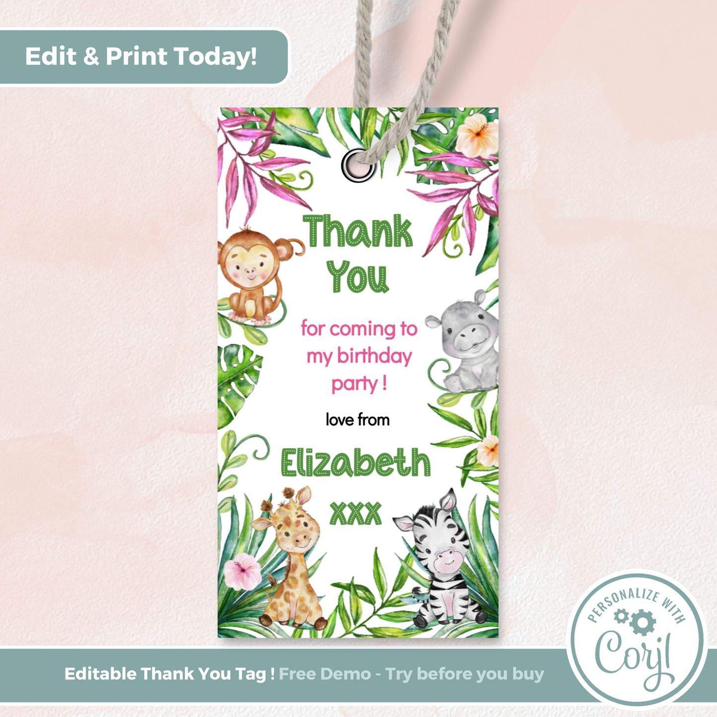 Editable Birthday Thank You Tag - Let's Go Wild