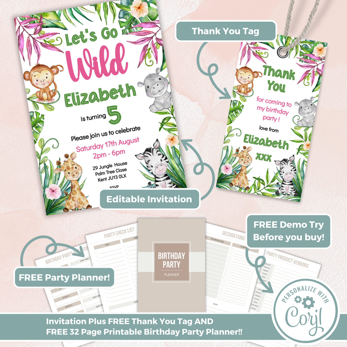 Editable Birthday Invitation and FREE Thank You Tag - Let's Go Wild