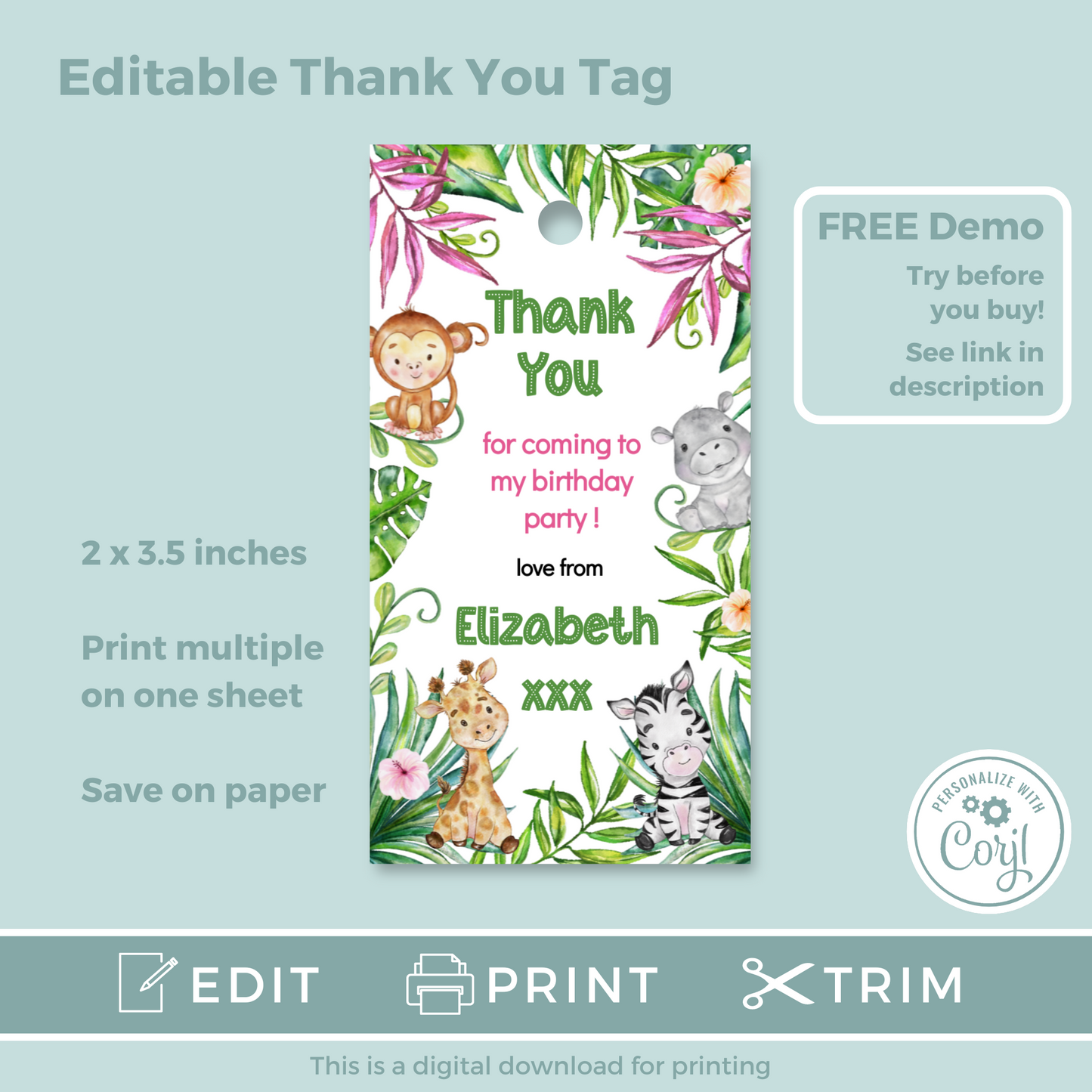 Editable Birthday Thank You Tag - Let's Go Wild