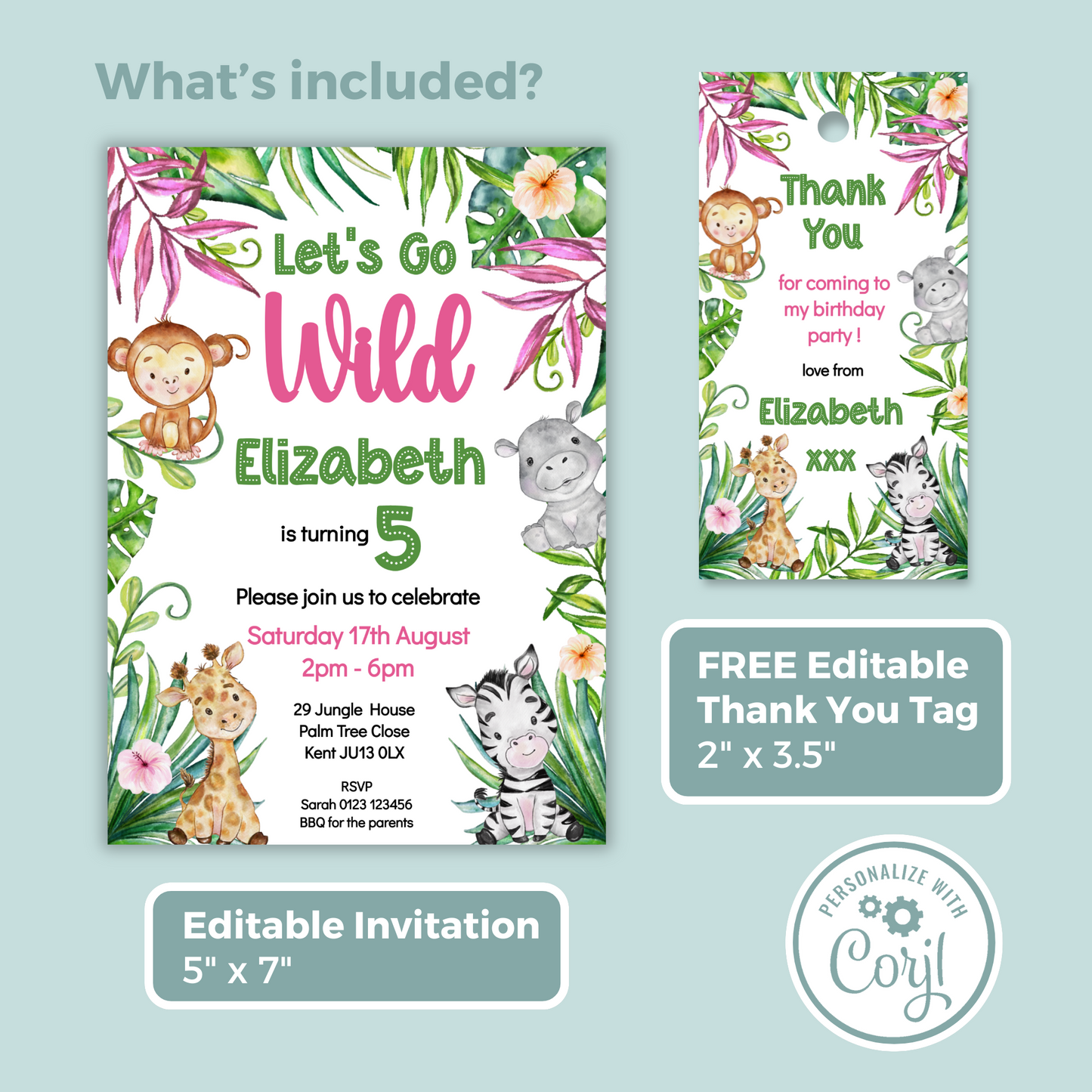 Editable Birthday Invitation and FREE Thank You Tag - Let's Go Wild