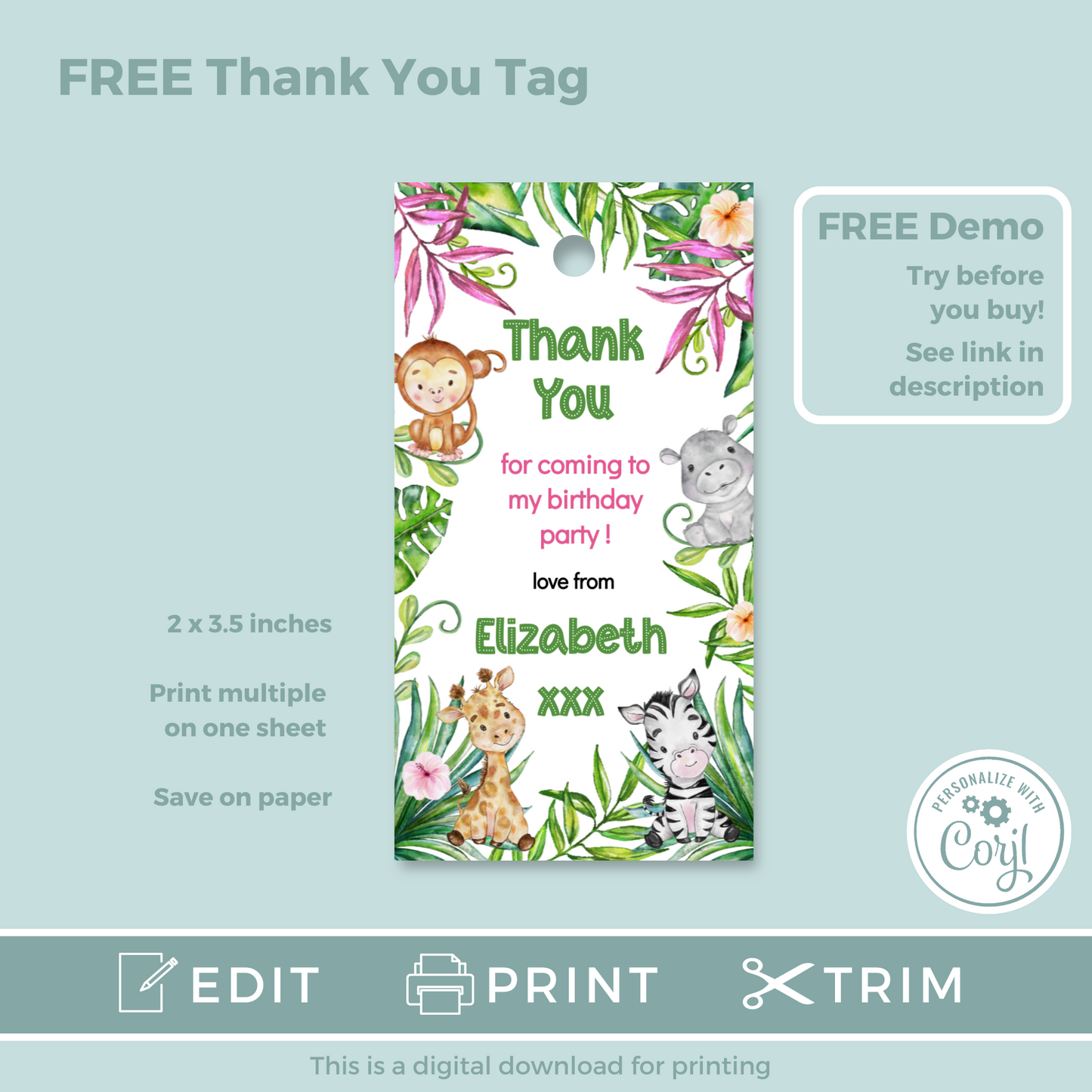 Editable Birthday Invitation and FREE Thank You Tag - Let's Go Wild