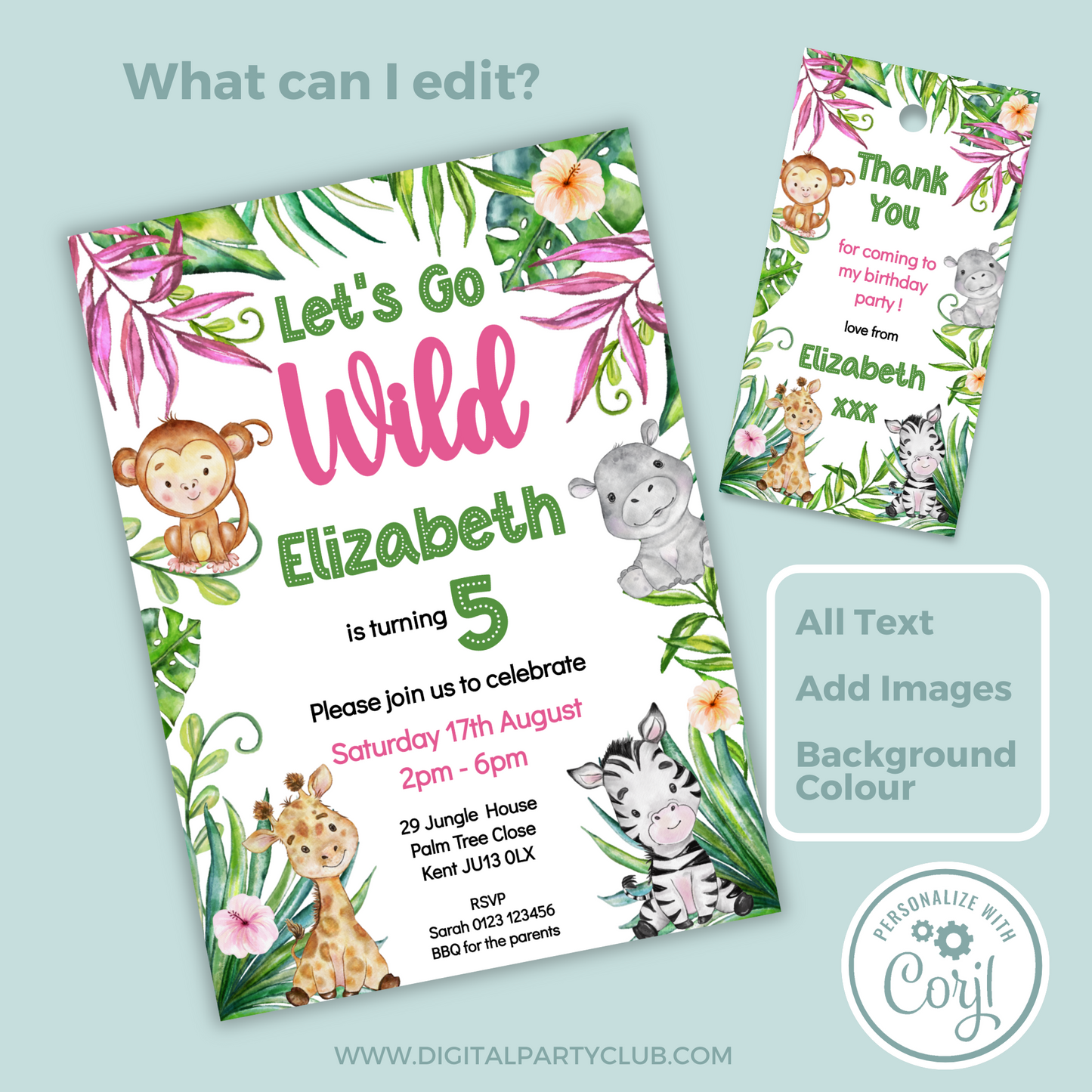 Editable Birthday Invitation and FREE Thank You Tag - Let's Go Wild
