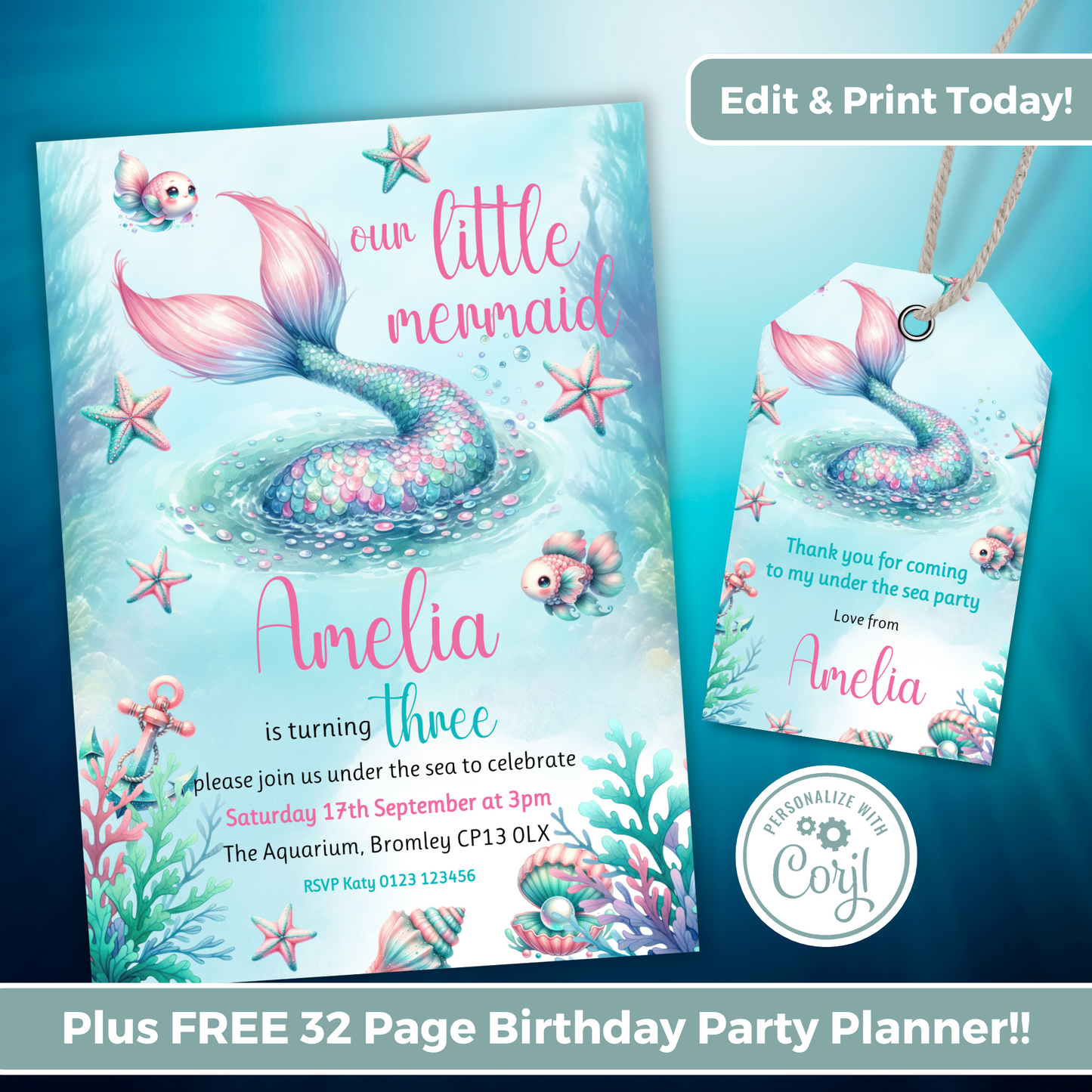 Editable Birthday Invitation and FREE Thank You Tag - Mermaid Tail