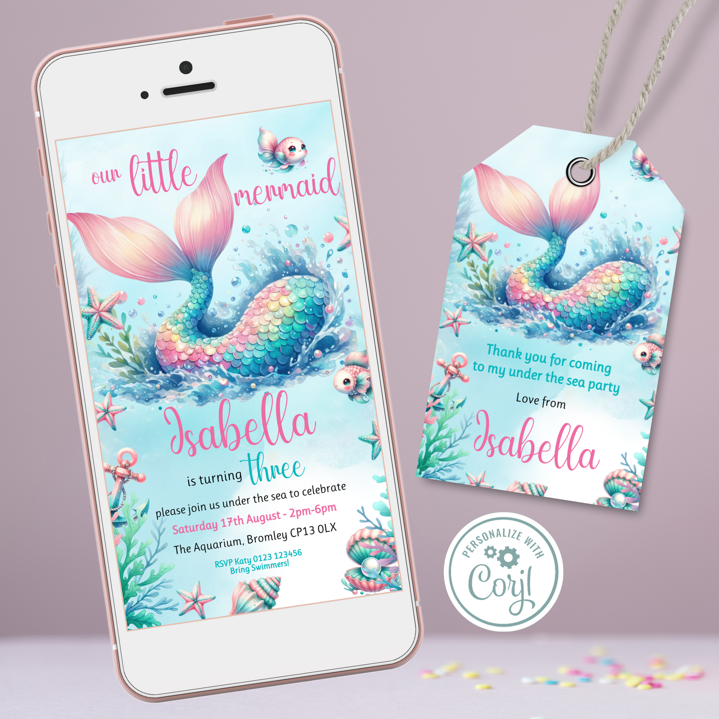 Editable Evite Birthday Invitation and FREE Thank You Tag - Mermaid Tail