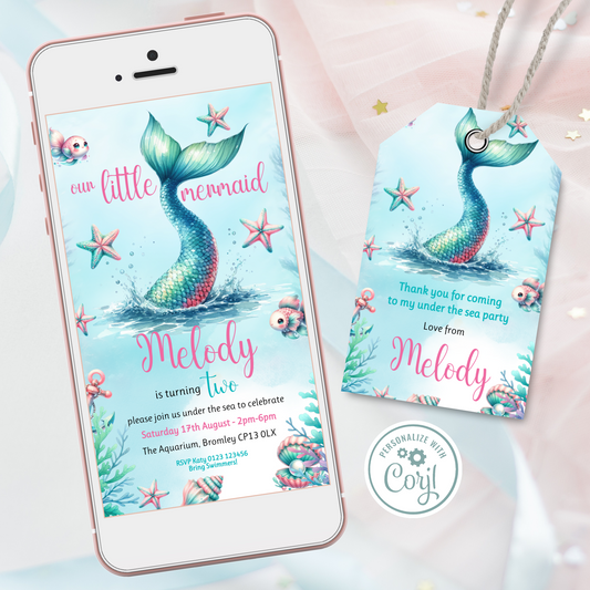 Editable Evite Birthday Invitation and FREE Thank You Tag - Mermaid Tail