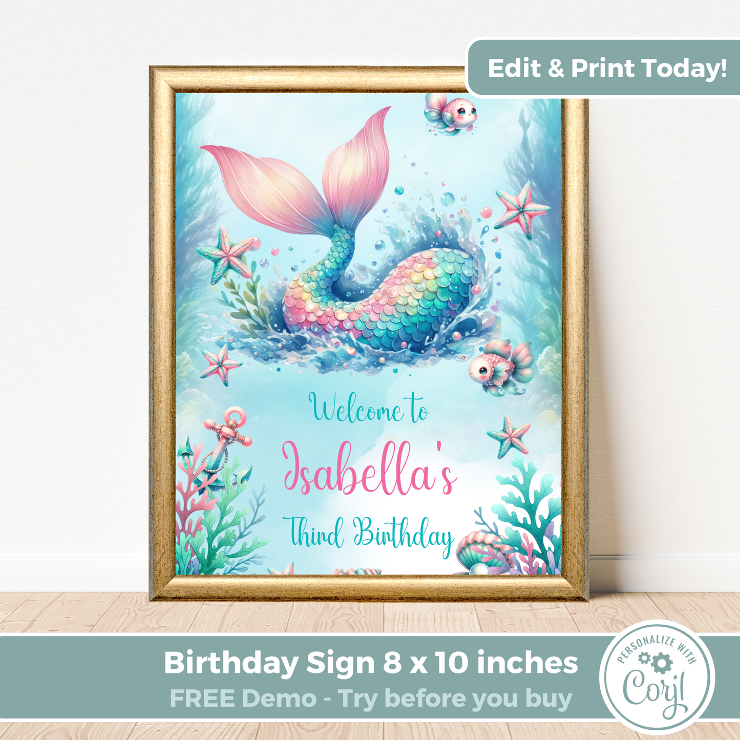 Editable Birthday Welcome Sign - Mermaid Tail