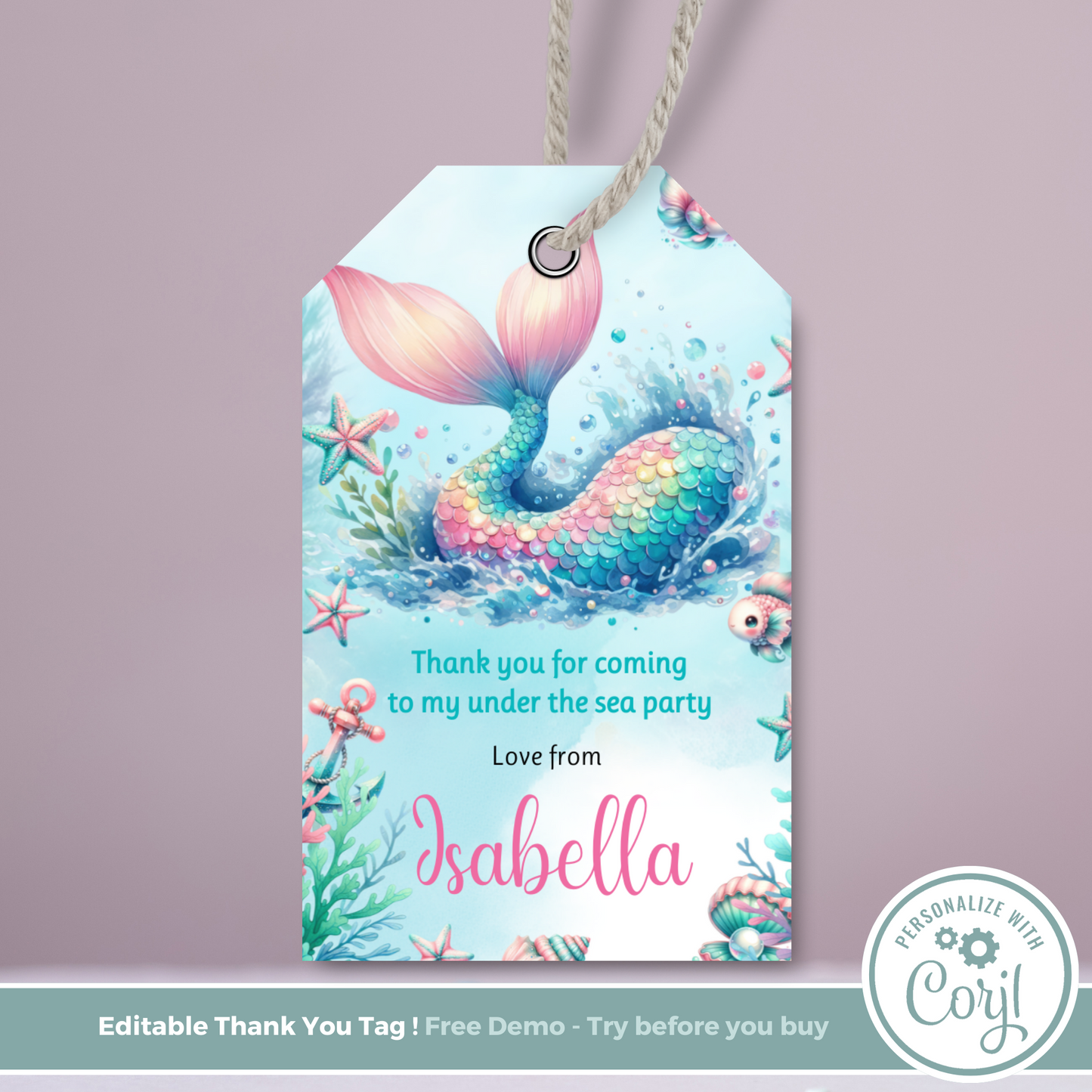 Editable Birthday Thank You Tag - Mermaid Tail