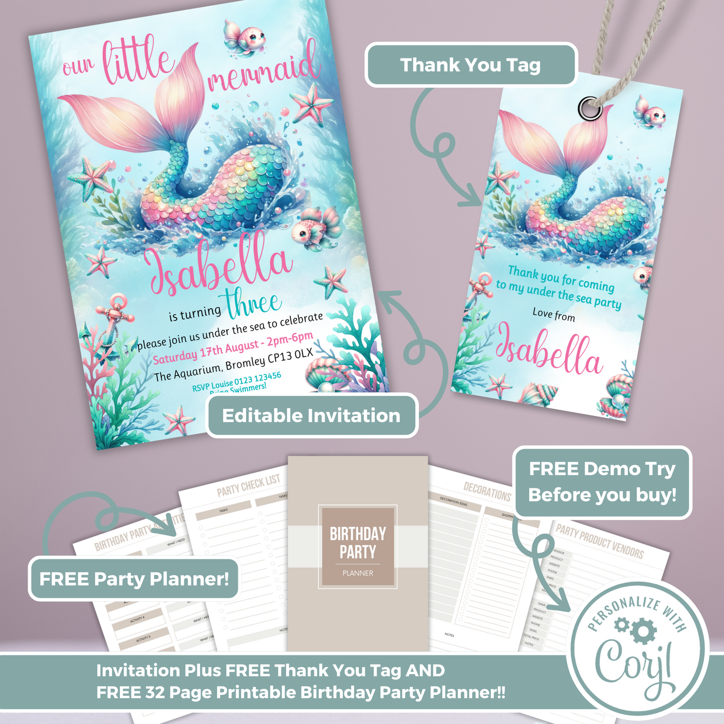 Editable Birthday Invitation and FREE Thank You Tag - Mermaid Tail