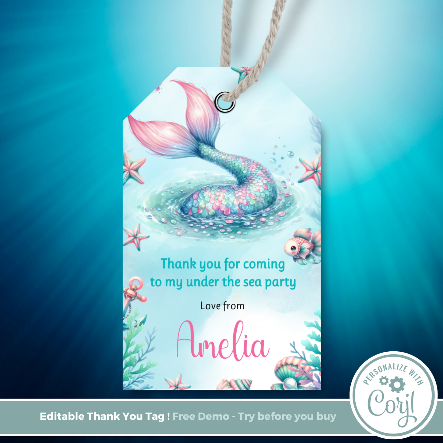 Editable Birthday Thank You Tag - Mermaid Tail