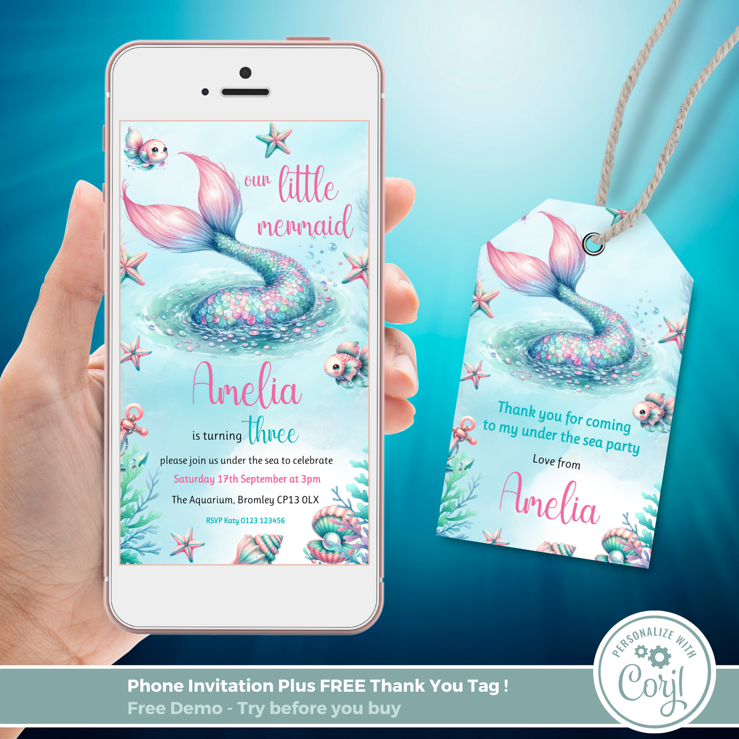 Editable Evite Birthday Invitation and FREE Thank You Tag - Mermaid Tail