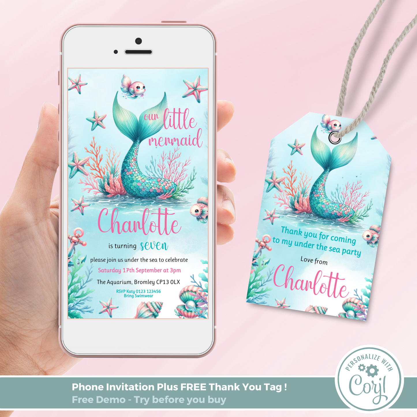 Editable Evite Birthday Invitation and FREE Thank You Tag - Mermaid Tail