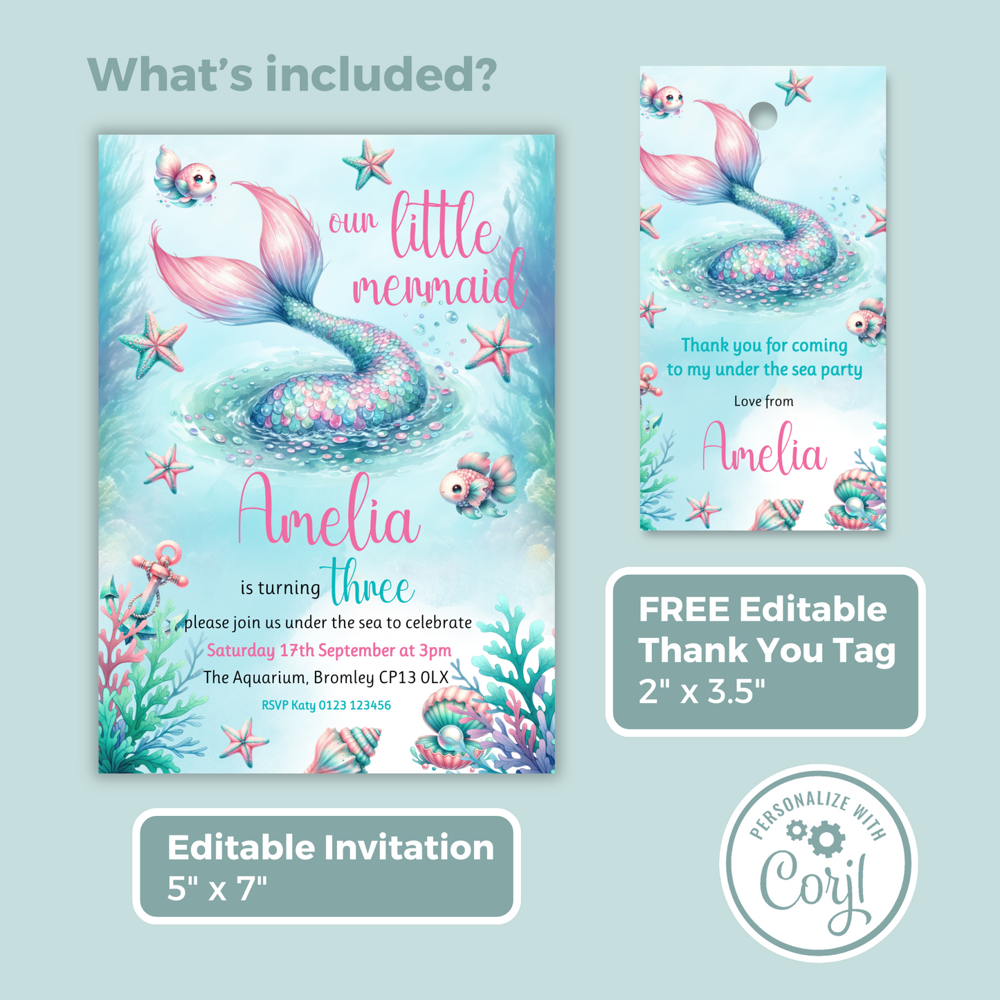Editable Birthday Invitation and FREE Thank You Tag - Mermaid Tail