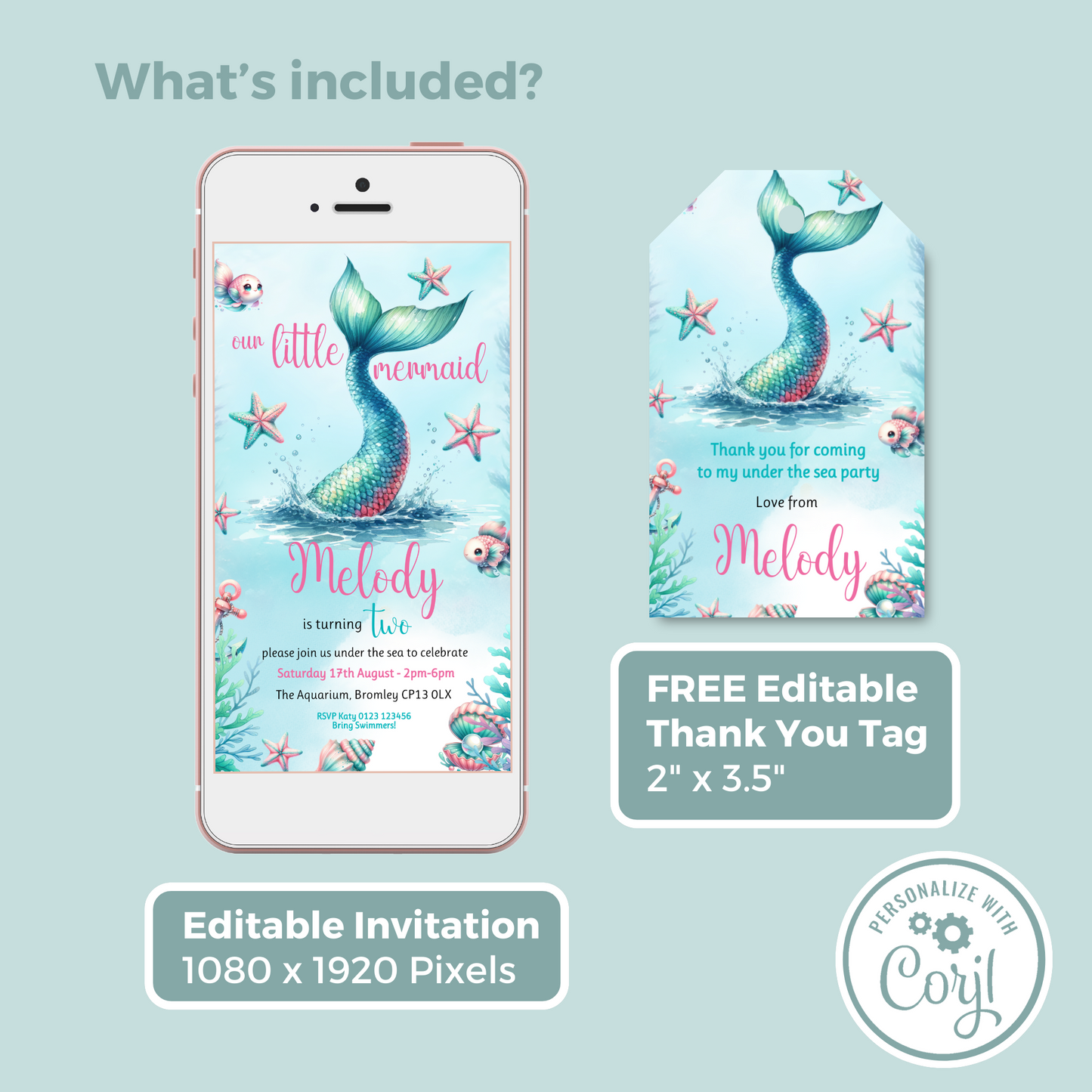 Editable Evite Birthday Invitation and FREE Thank You Tag - Mermaid Tail