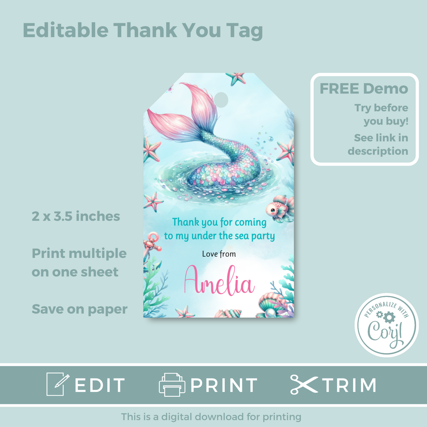 Editable Birthday Thank You Tag - Mermaid Tail