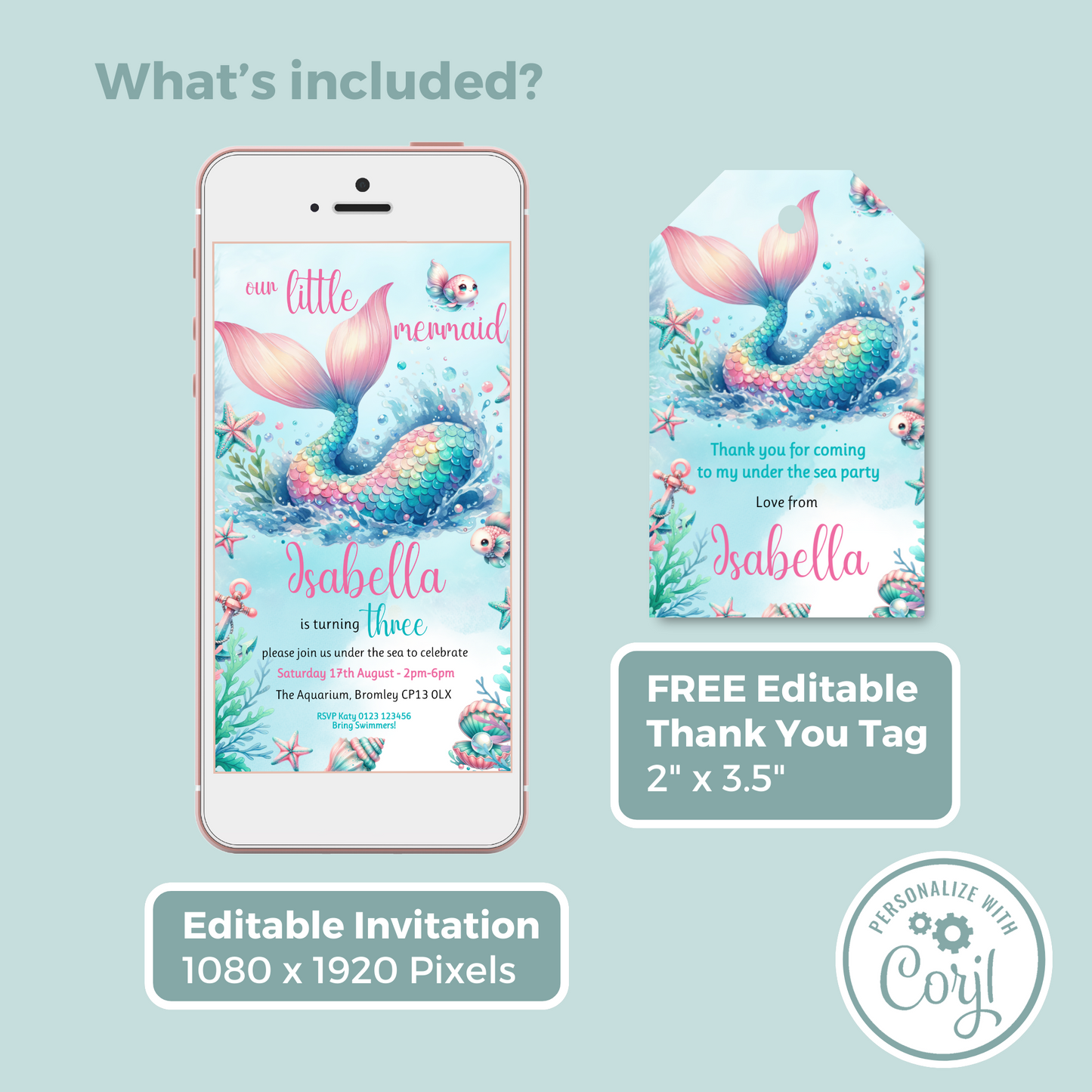 Editable Evite Birthday Invitation and FREE Thank You Tag - Mermaid Tail