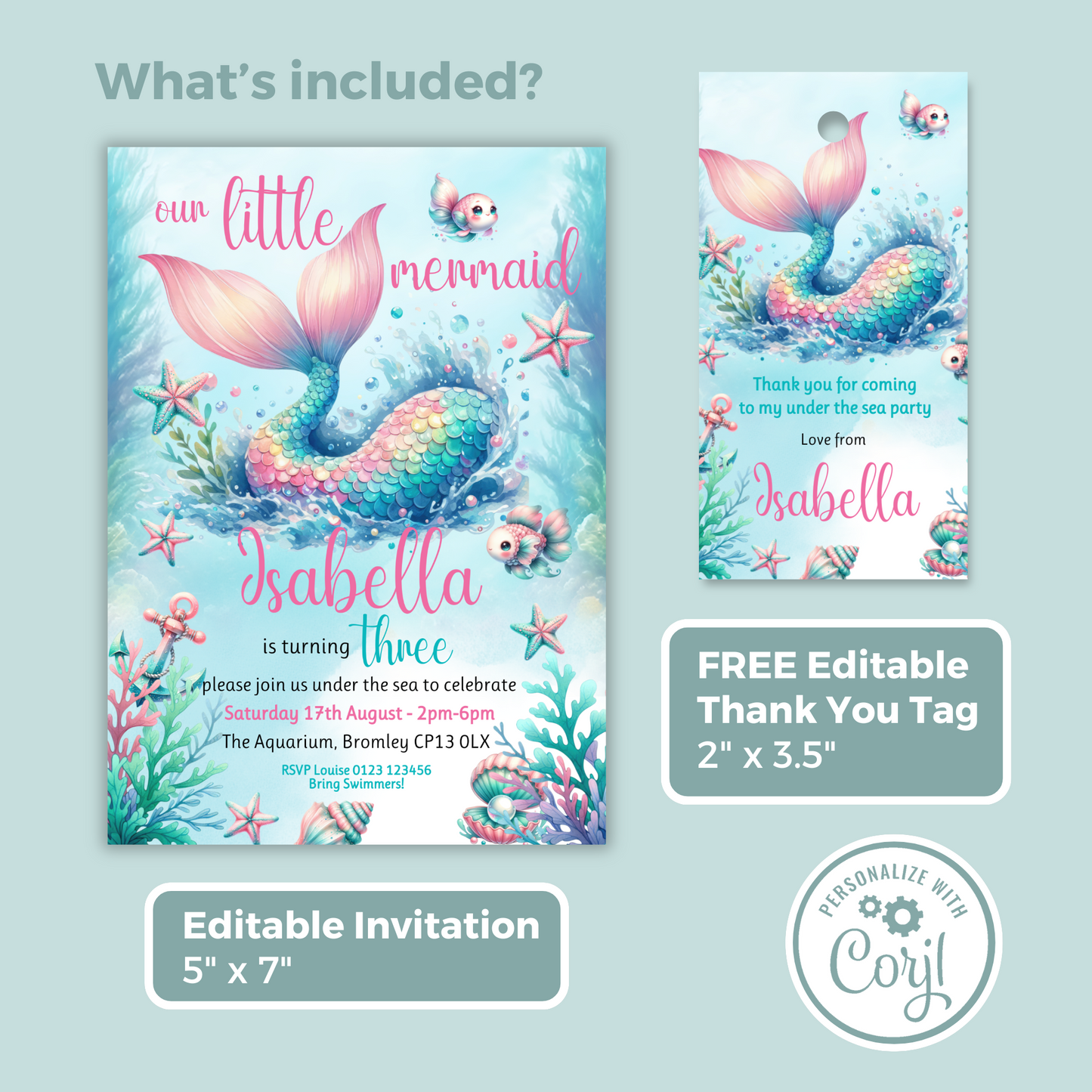 Editable Birthday Invitation and FREE Thank You Tag - Mermaid Tail