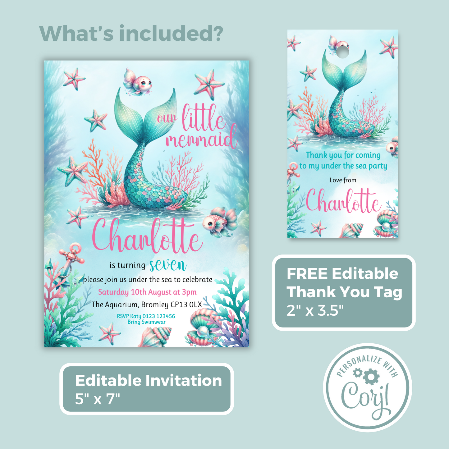 Editable Birthday Invitation and FREE Thank You Tag - Mermaid Tail