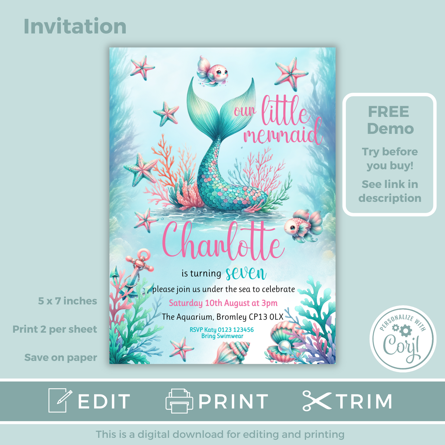 Editable Birthday Invitation and FREE Thank You Tag - Mermaid Tail