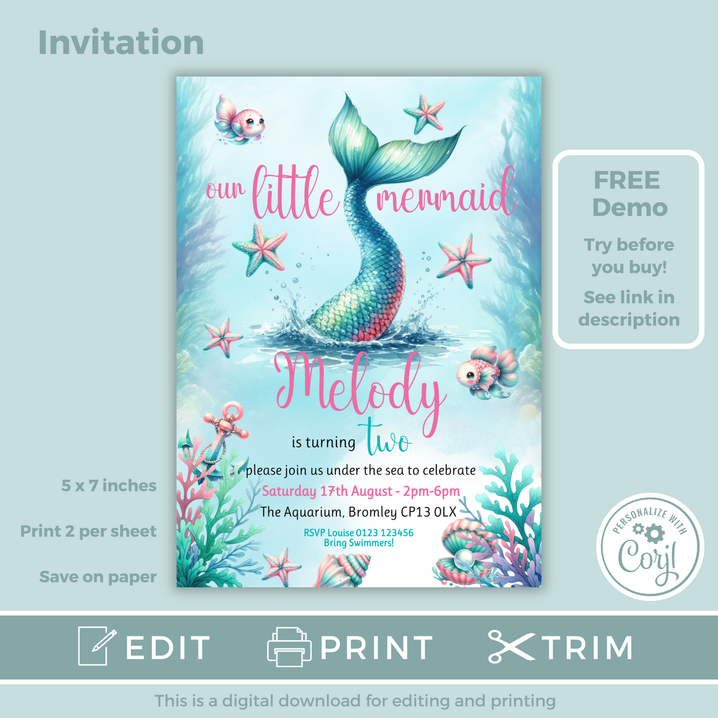 Editable Birthday Invitation and FREE Thank You Tag - Mermaid Tail