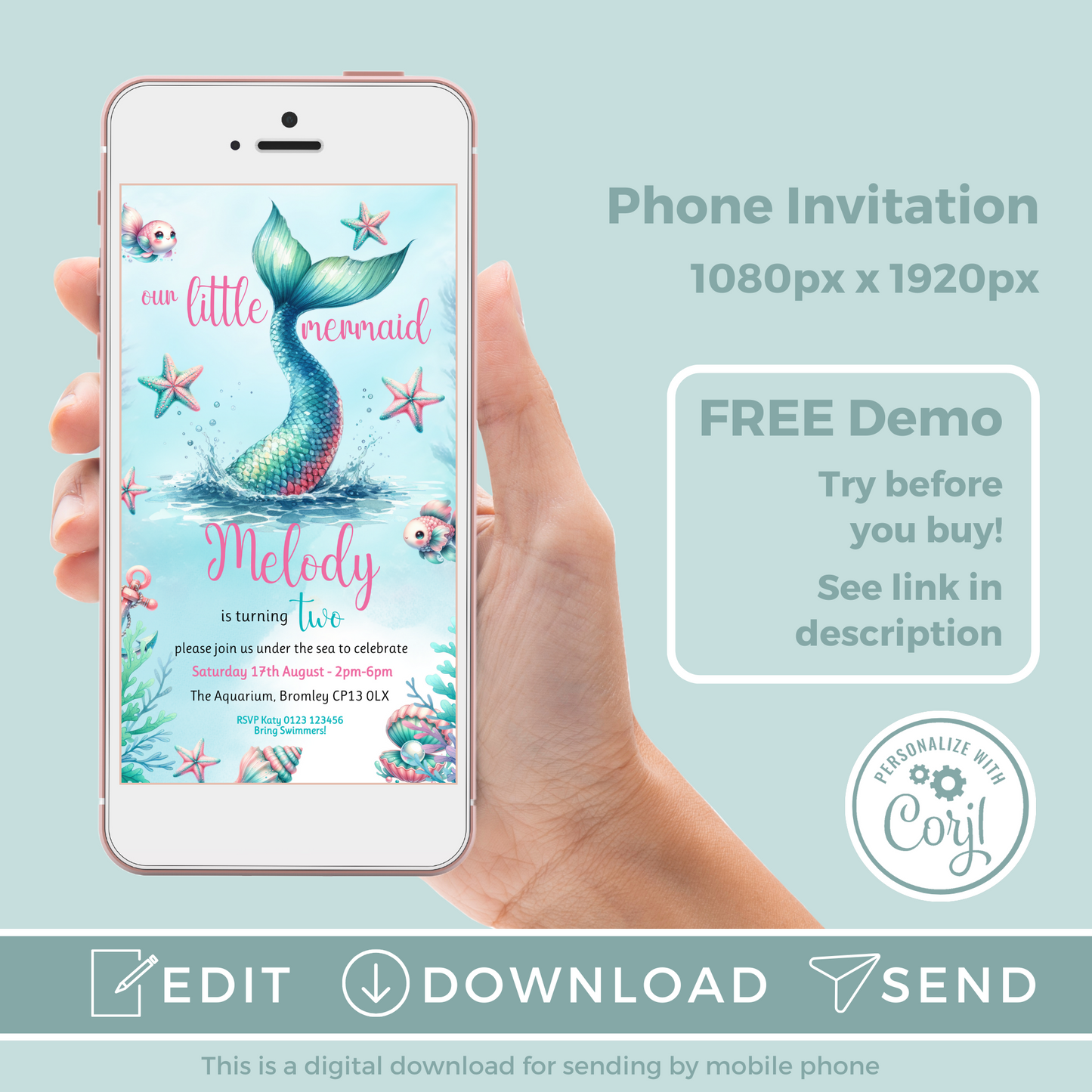 Editable Evite Birthday Invitation and FREE Thank You Tag - Mermaid Tail
