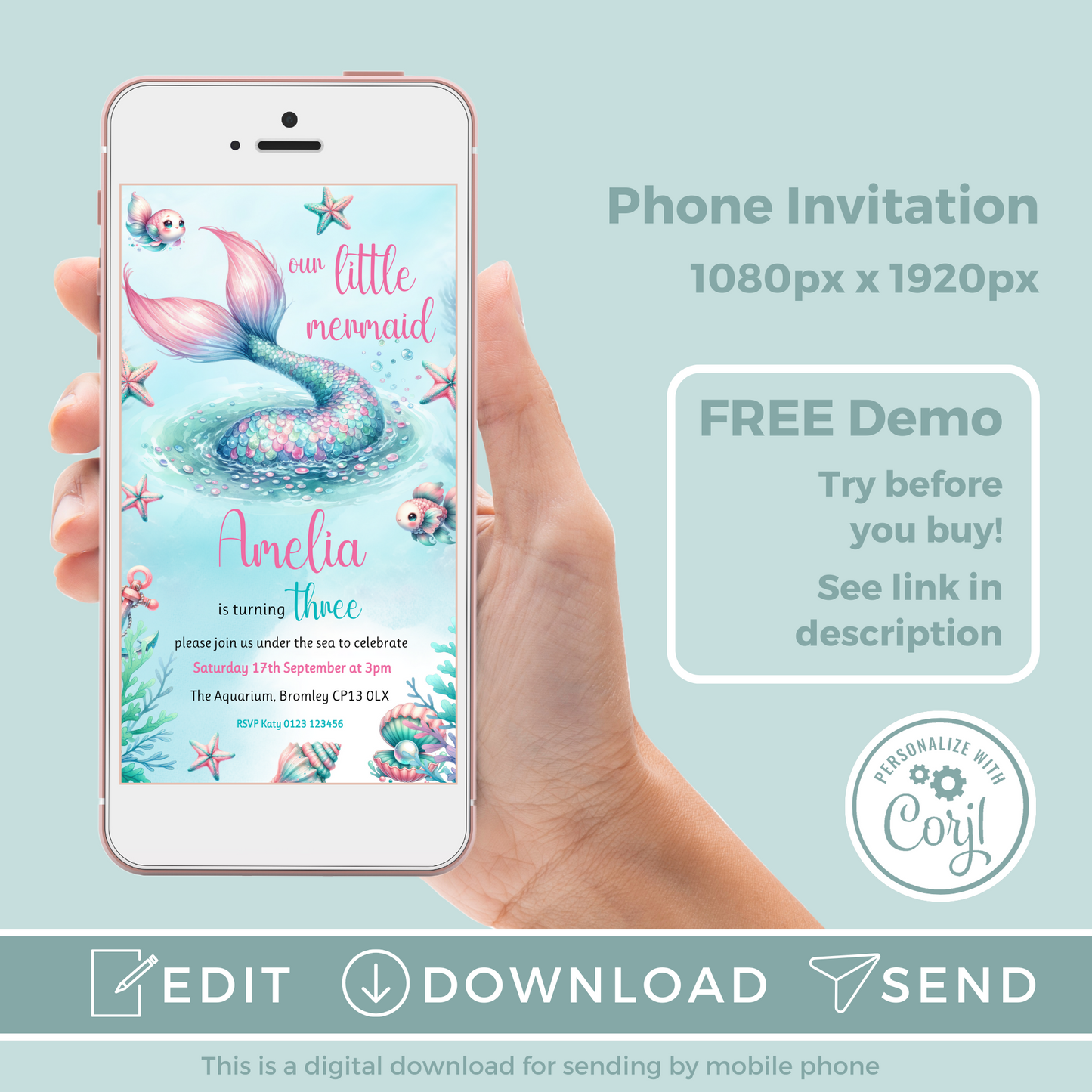 Editable Evite Birthday Invitation and FREE Thank You Tag - Mermaid Tail