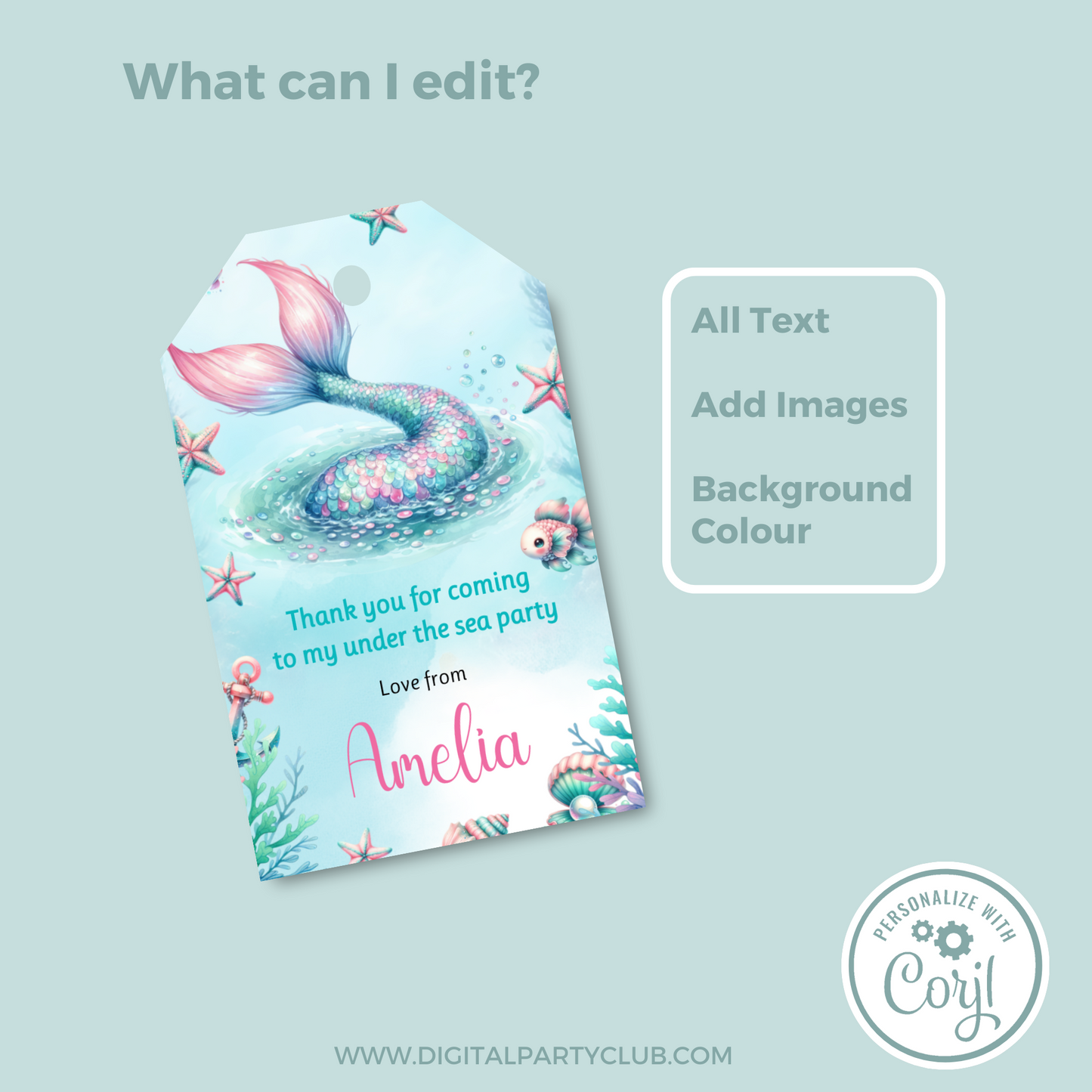 Editable Birthday Thank You Tag - Mermaid Tail