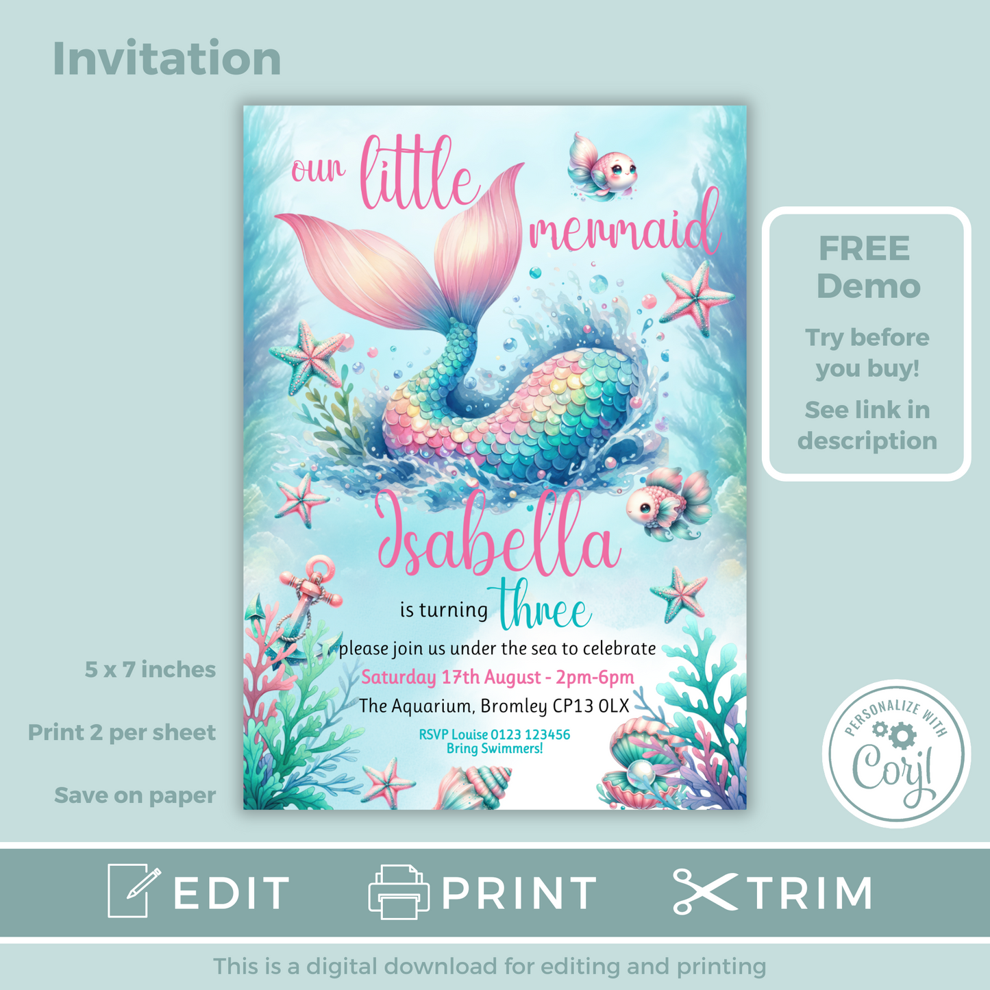 Editable Birthday Invitation and FREE Thank You Tag - Mermaid Tail