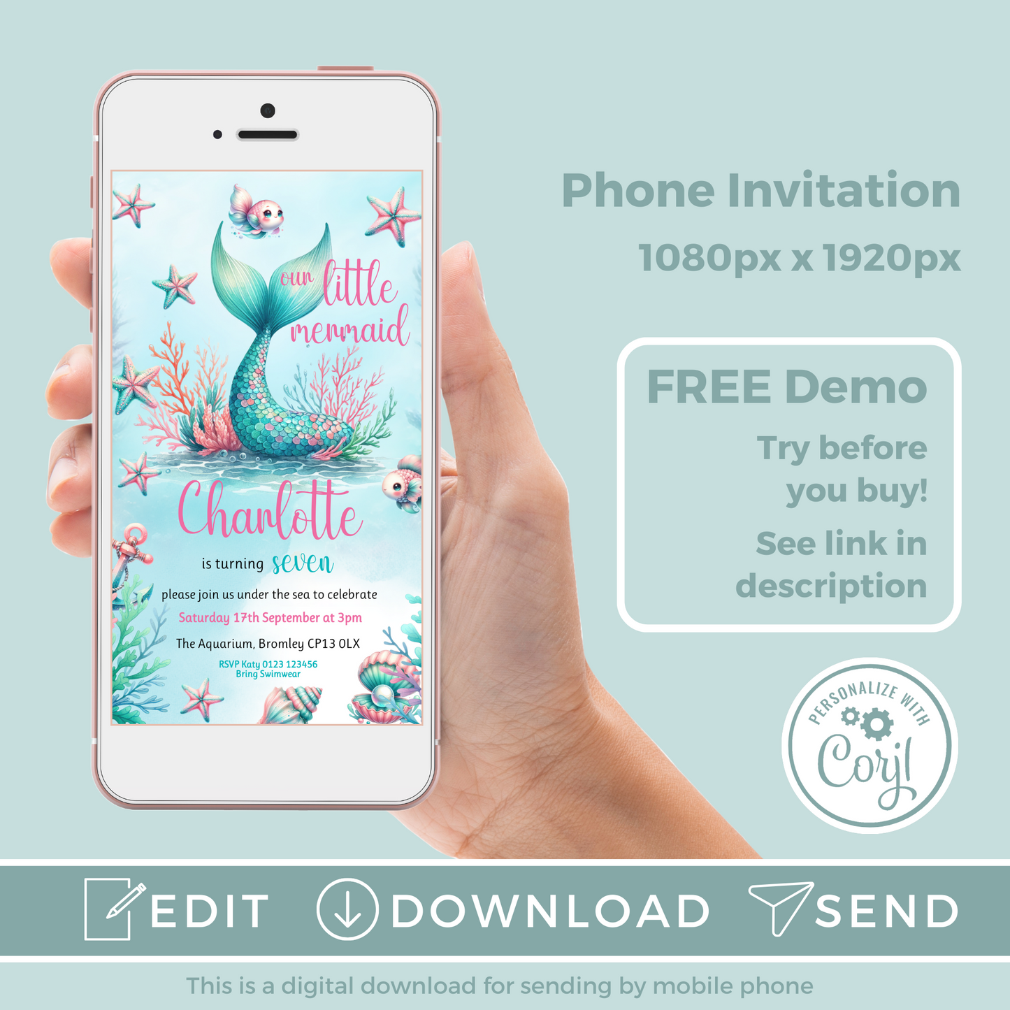 Editable Evite Birthday Invitation and FREE Thank You Tag - Mermaid Tail