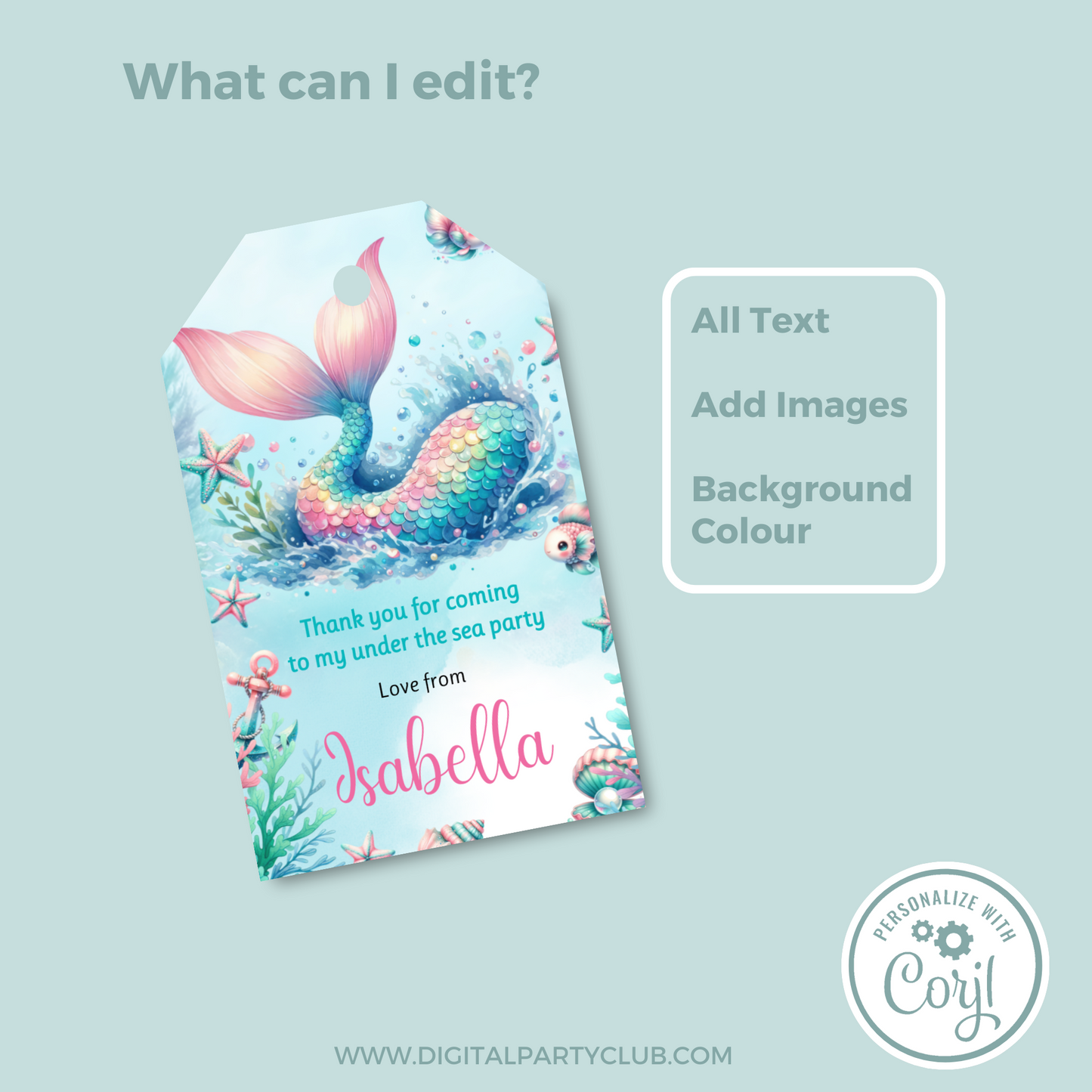 Editable Birthday Thank You Tag - Mermaid Tail