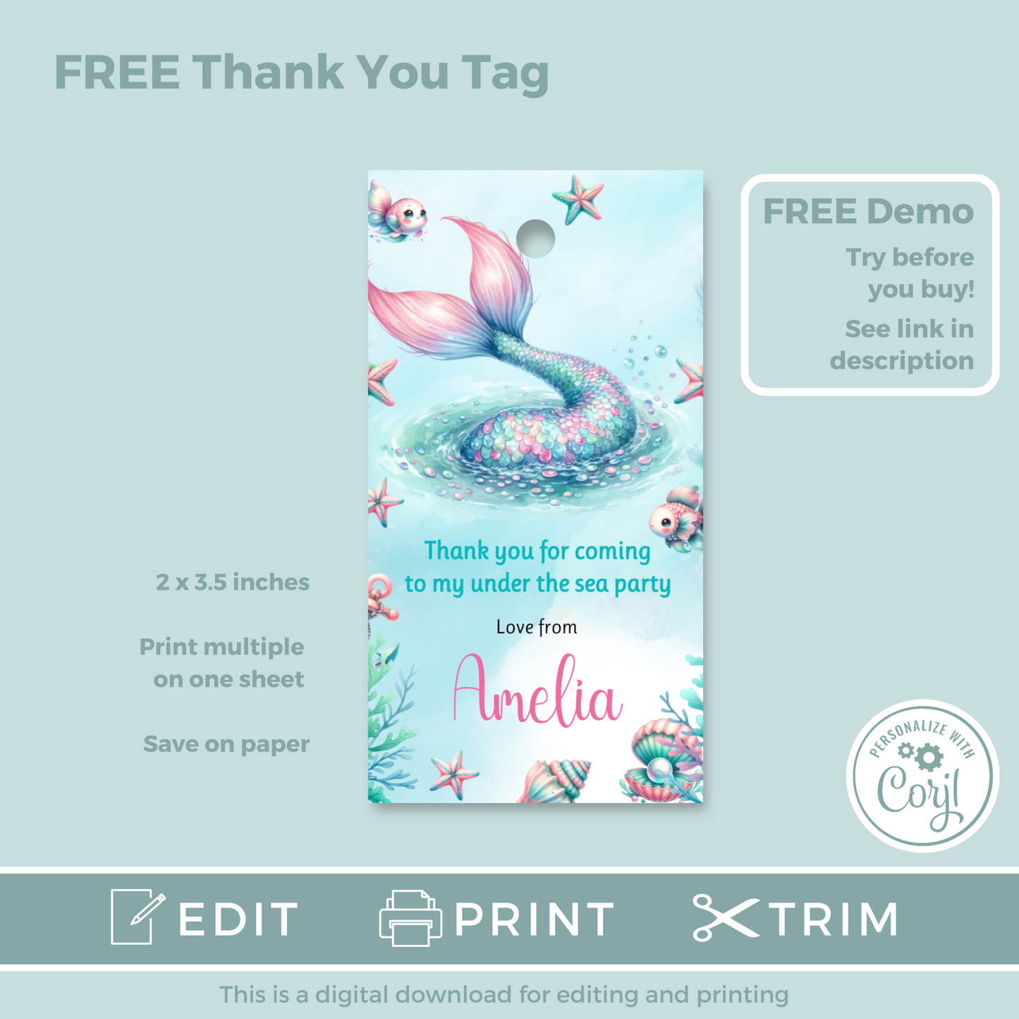 Editable Birthday Invitation and FREE Thank You Tag - Mermaid Tail