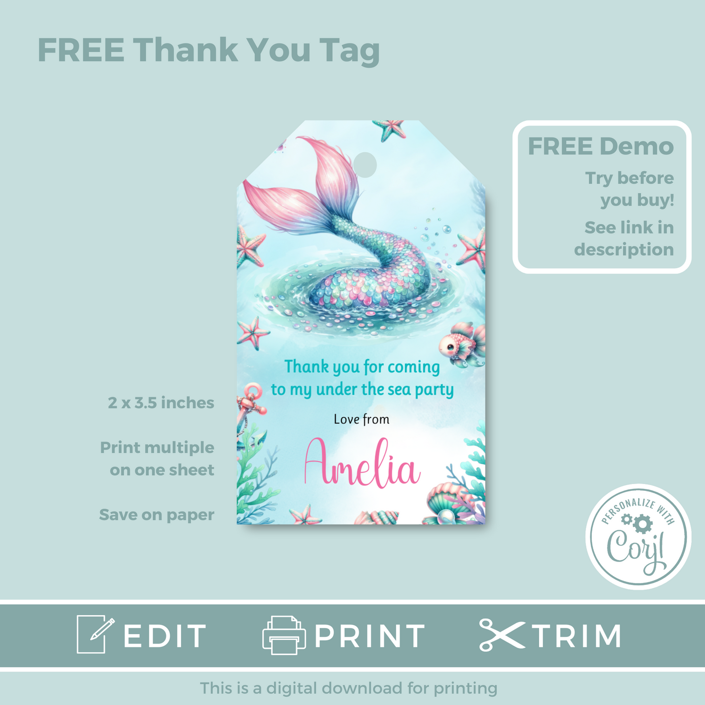 Editable Evite Birthday Invitation and FREE Thank You Tag - Mermaid Tail