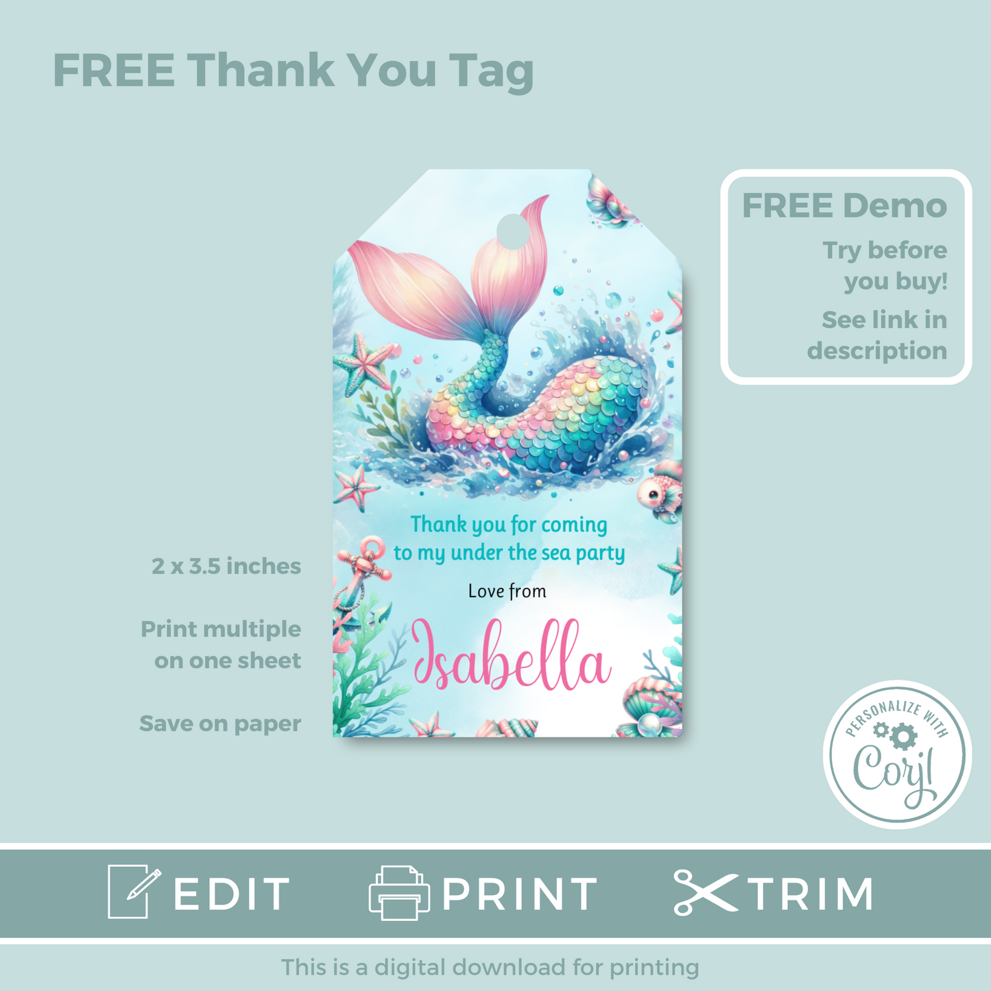 Editable Evite Birthday Invitation and FREE Thank You Tag - Mermaid Tail