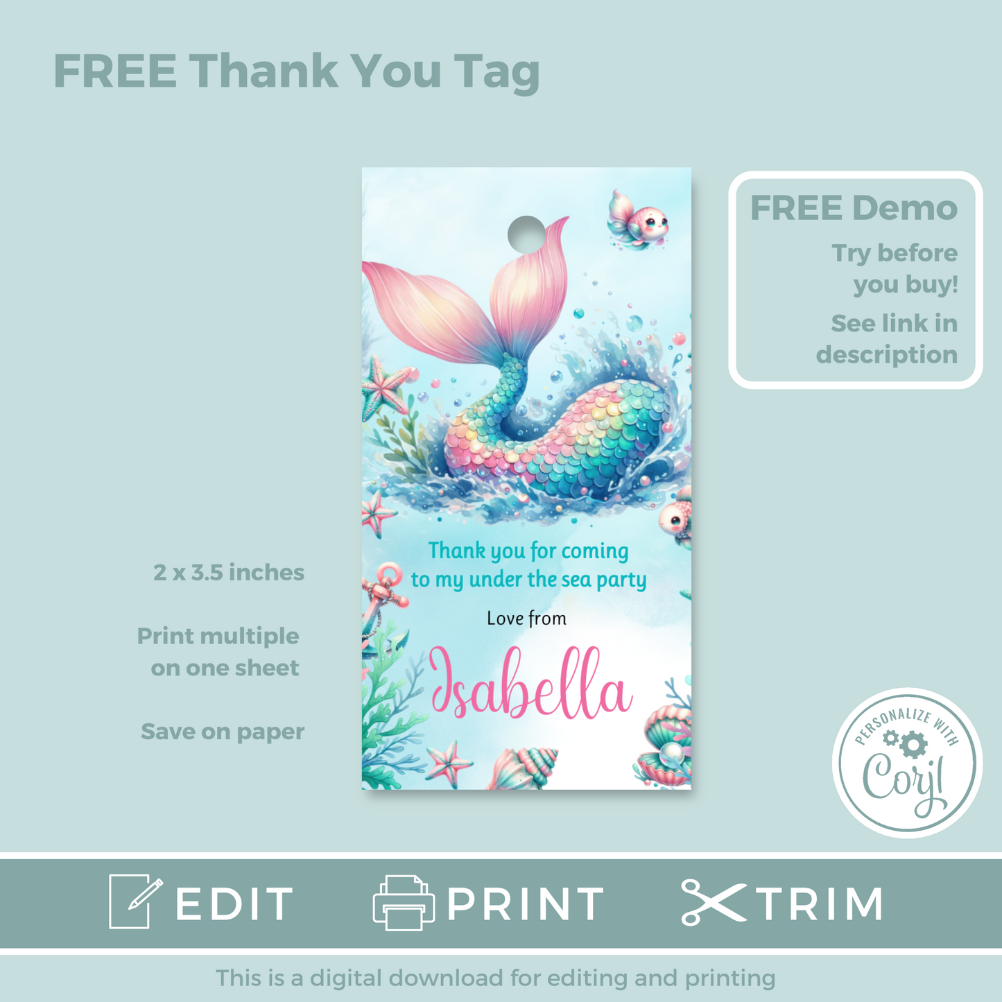 Editable Birthday Invitation and FREE Thank You Tag - Mermaid Tail