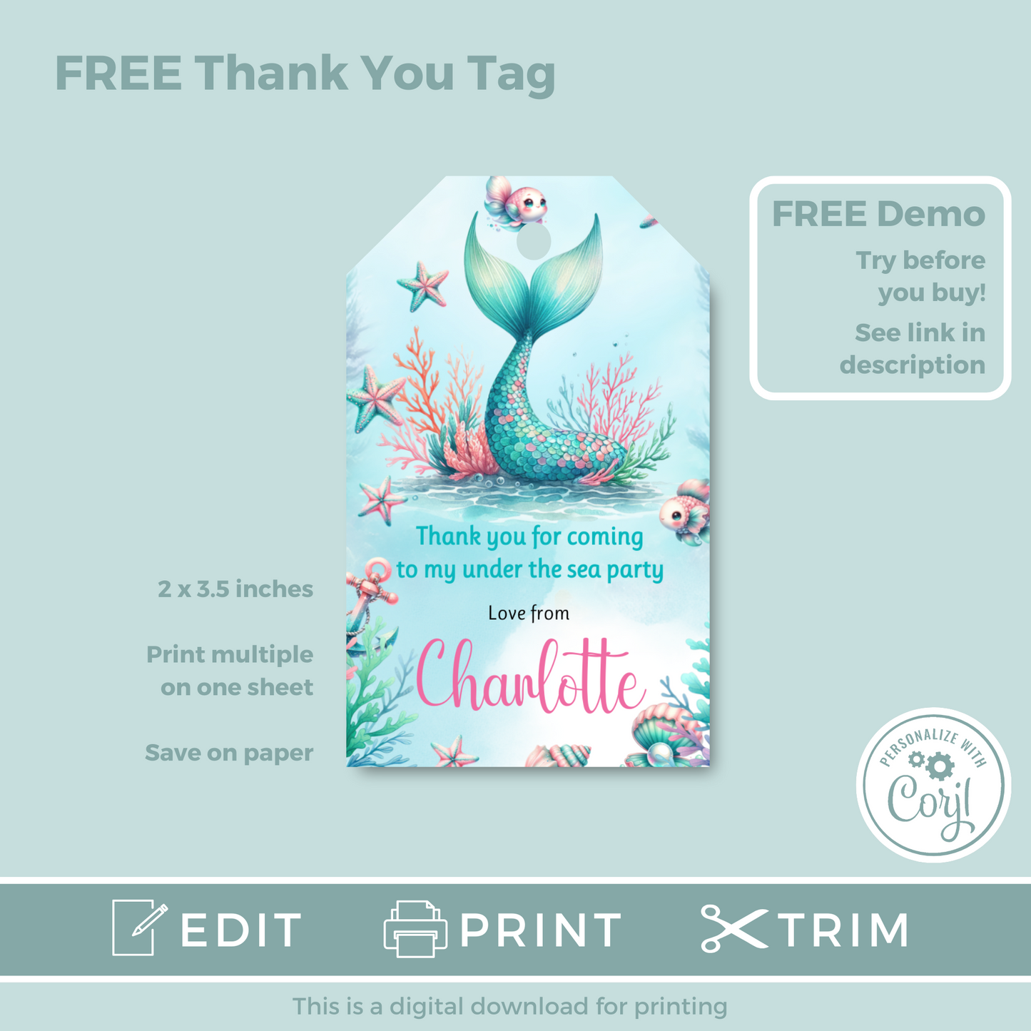 Editable Evite Birthday Invitation and FREE Thank You Tag - Mermaid Tail