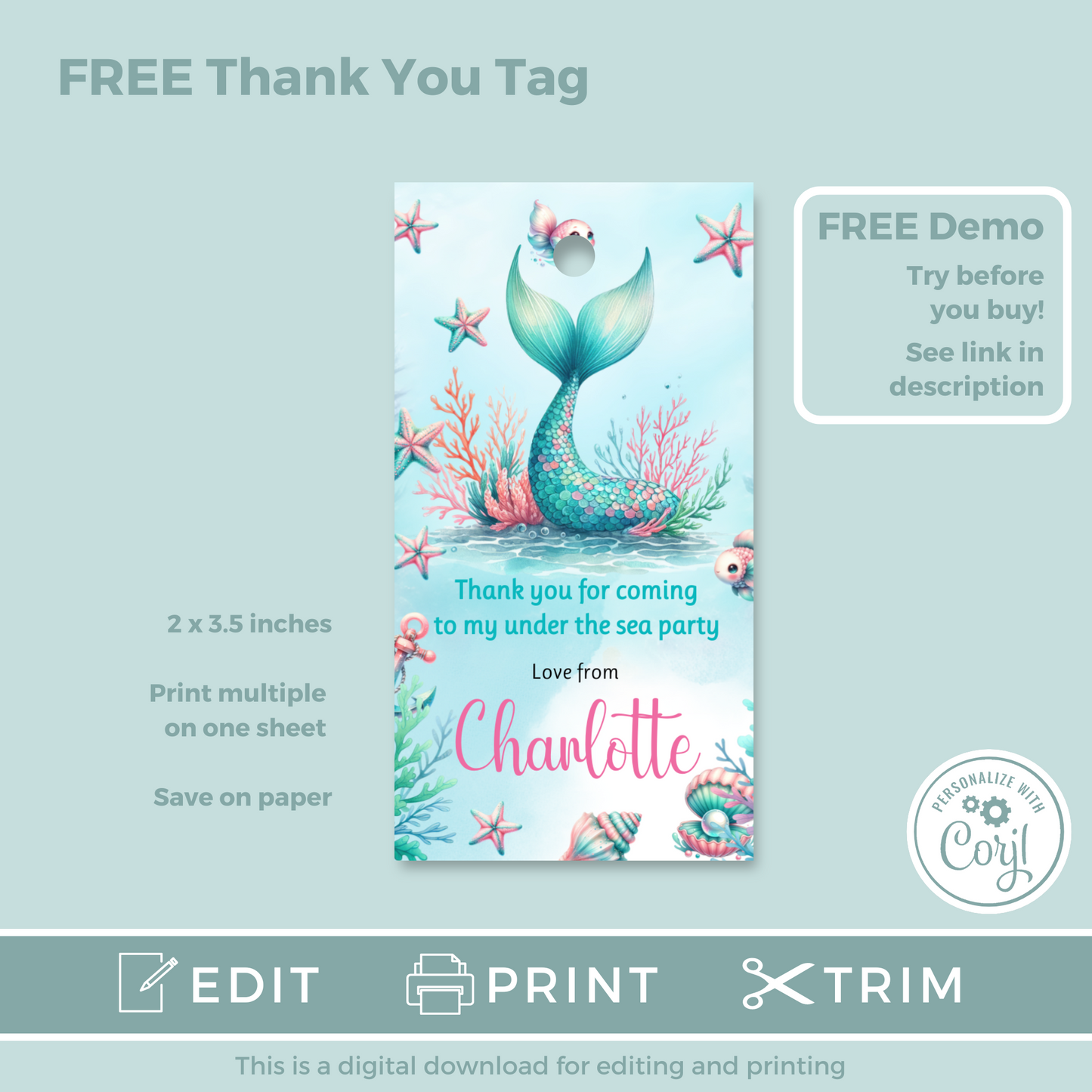 Editable Birthday Invitation and FREE Thank You Tag - Mermaid Tail
